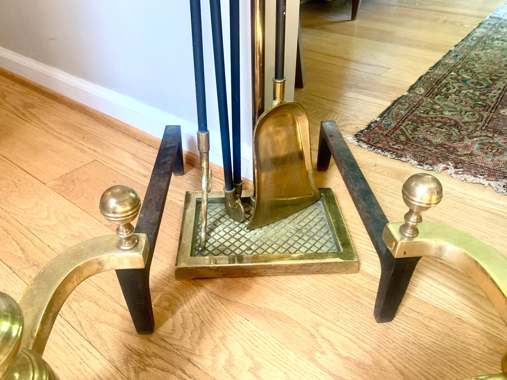 Harvin Co. Andirons and Fireplace Tool Set | Brass Harvin Fireplace Set | Claw Foot Brass Firedogs | Cannonball Brass Andirons & Tools