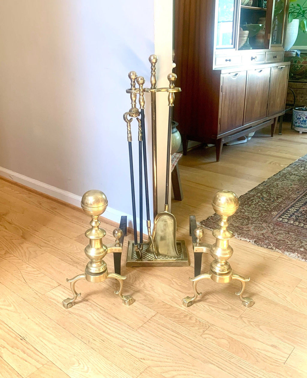 Harvin Co. Andirons and Fireplace Tool Set | Brass Harvin Fireplace Set | Claw Foot Brass Firedogs | Cannonball Brass Andirons & Tools