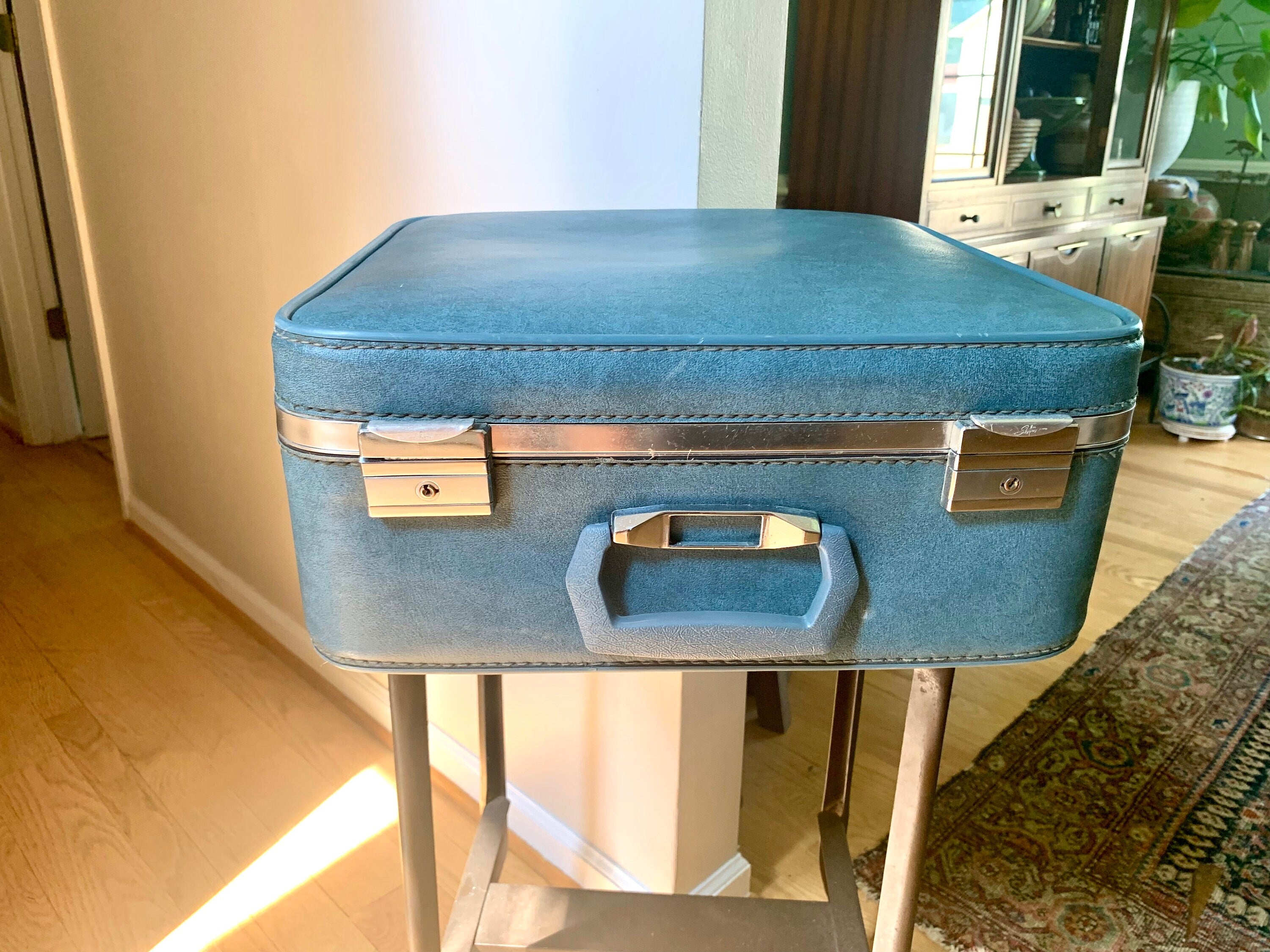 Vintage Square Blue Hardshell Suitcase | Mid Century Skyway Vinyl Travel Case | Mid Century Skyway Suitcase | 60's Travel Case | Weekender Bag