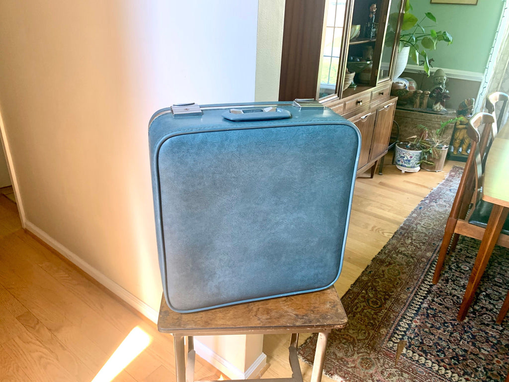 Vintage Square Blue Hardshell Suitcase | Mid Century Skyway Vinyl Travel Case | Mid Century Skyway Suitcase | 60's Travel Case | Weekender Bag