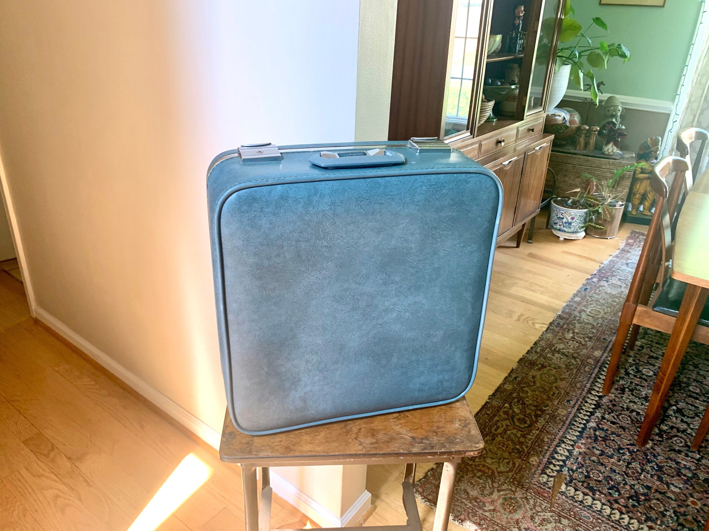 Vintage Square Blue Hardshell Suitcase | Mid Century Skyway Vinyl Travel Case | Mid Century Skyway Suitcase | 60's Travel Case | Weekender Bag