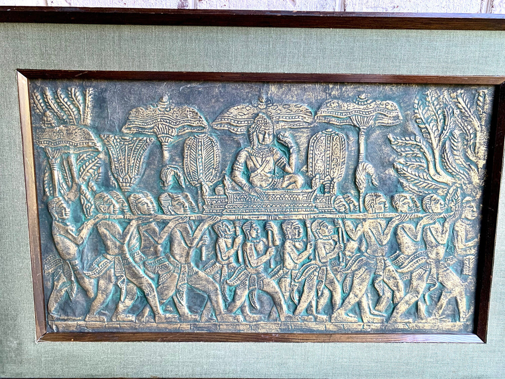 Vintage Angkor Wat Temple Rubbing Art | Raised Cambodian Wat Temple Rubbing Wall Art | Framed Angkor Wat Temple Rubbing