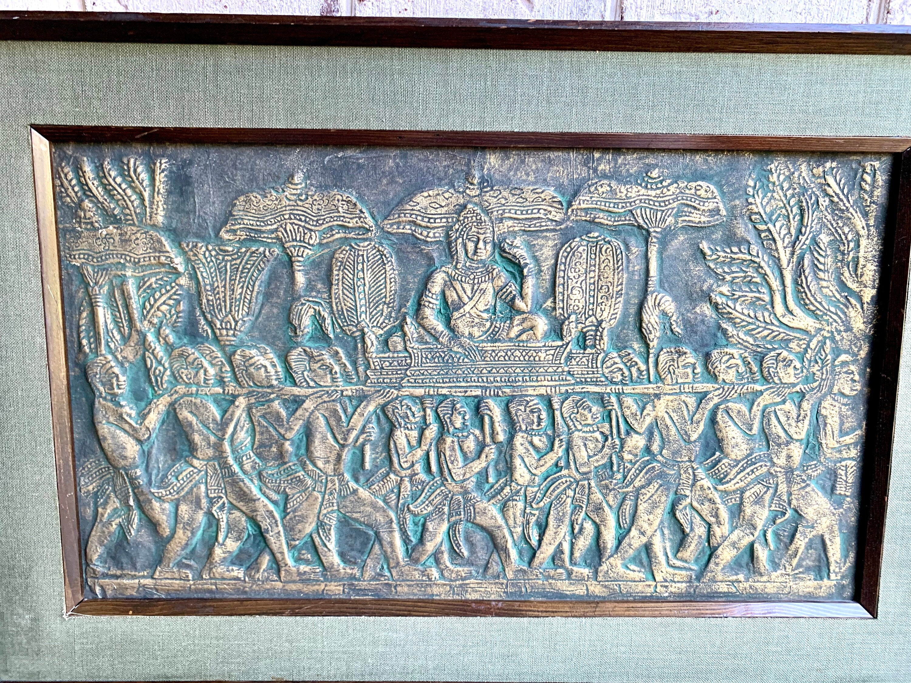 Vintage Angkor Wat Temple Rubbing Art | Raised Cambodian Wat Temple Rubbing Wall Art | Framed Angkor Wat Temple Rubbing