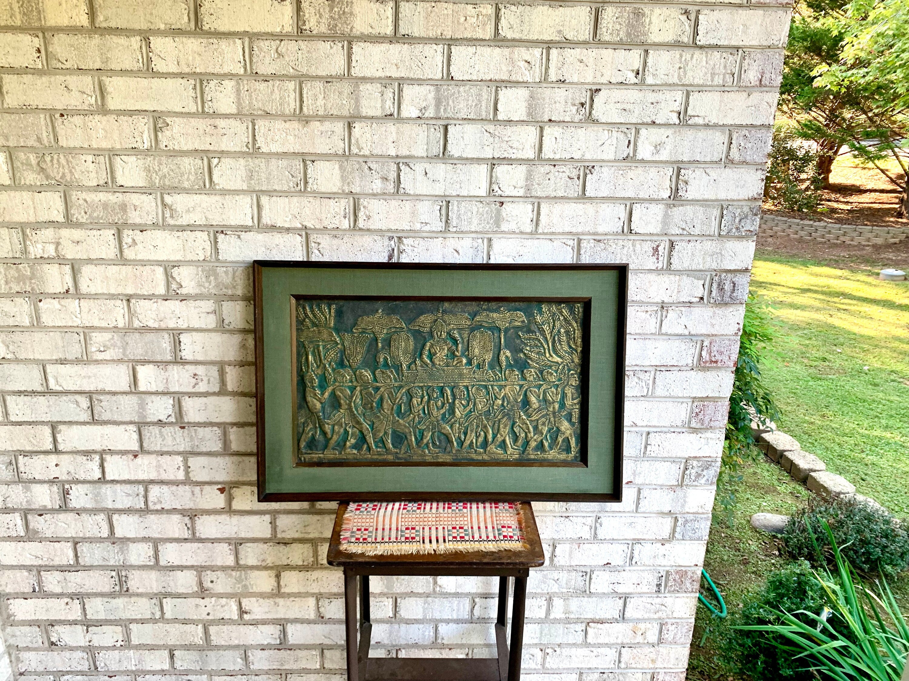 Vintage Angkor Wat Temple Rubbing Art | Raised Cambodian Wat Temple Rubbing Wall Art | Framed Angkor Wat Temple Rubbing
