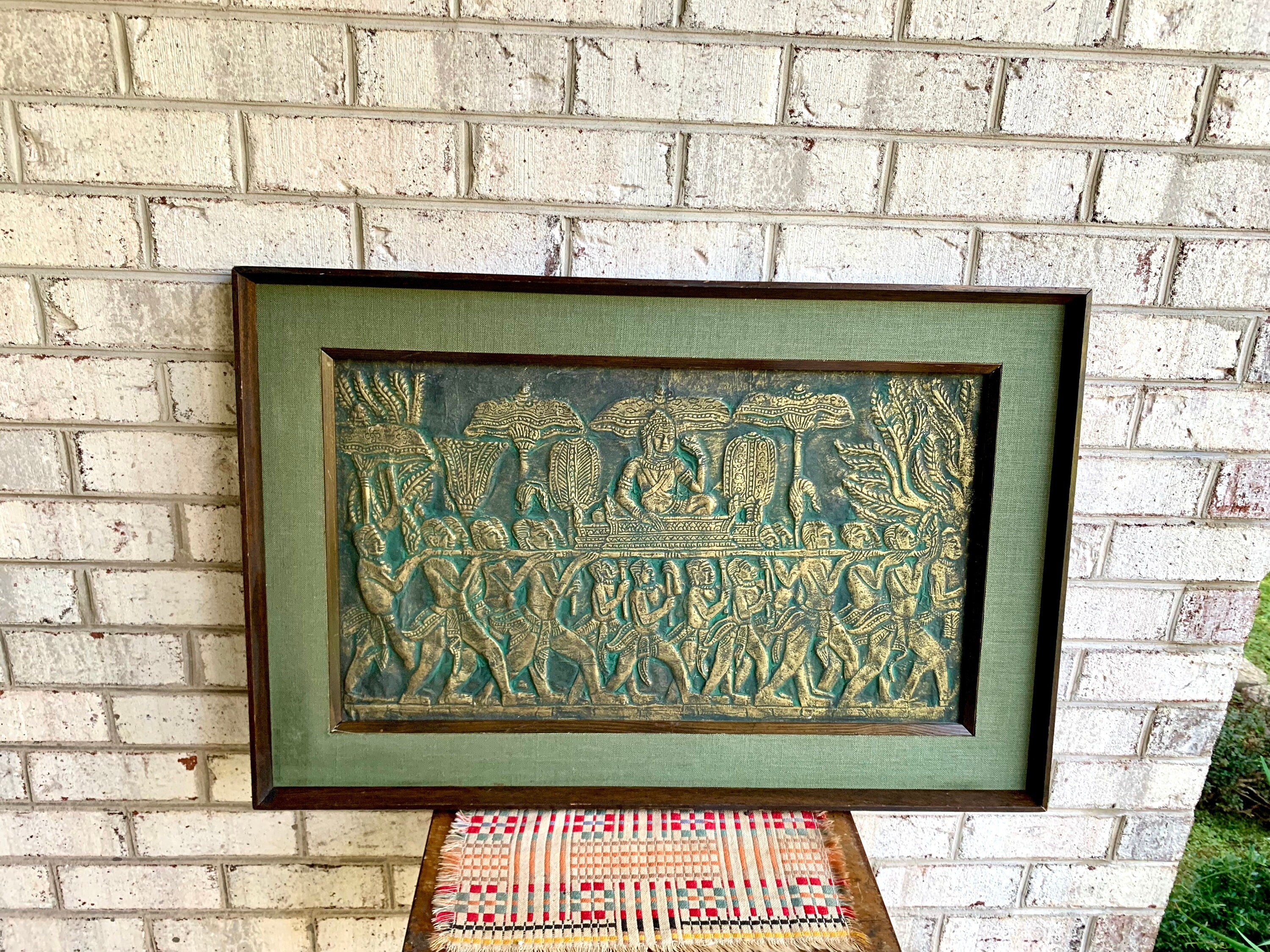 Vintage Angkor Wat Temple Rubbing Art | Raised Cambodian Wat Temple Rubbing Wall Art | Framed Angkor Wat Temple Rubbing
