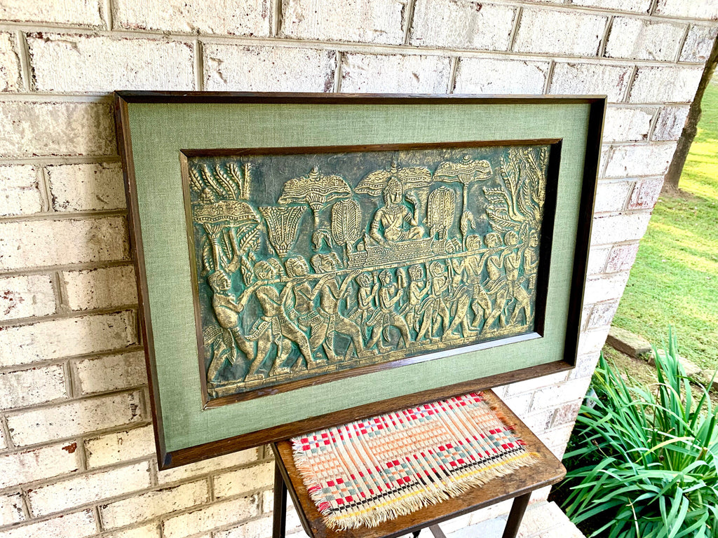 Vintage Angkor Wat Temple Rubbing Art | Raised Cambodian Wat Temple Rubbing Wall Art | Framed Angkor Wat Temple Rubbing