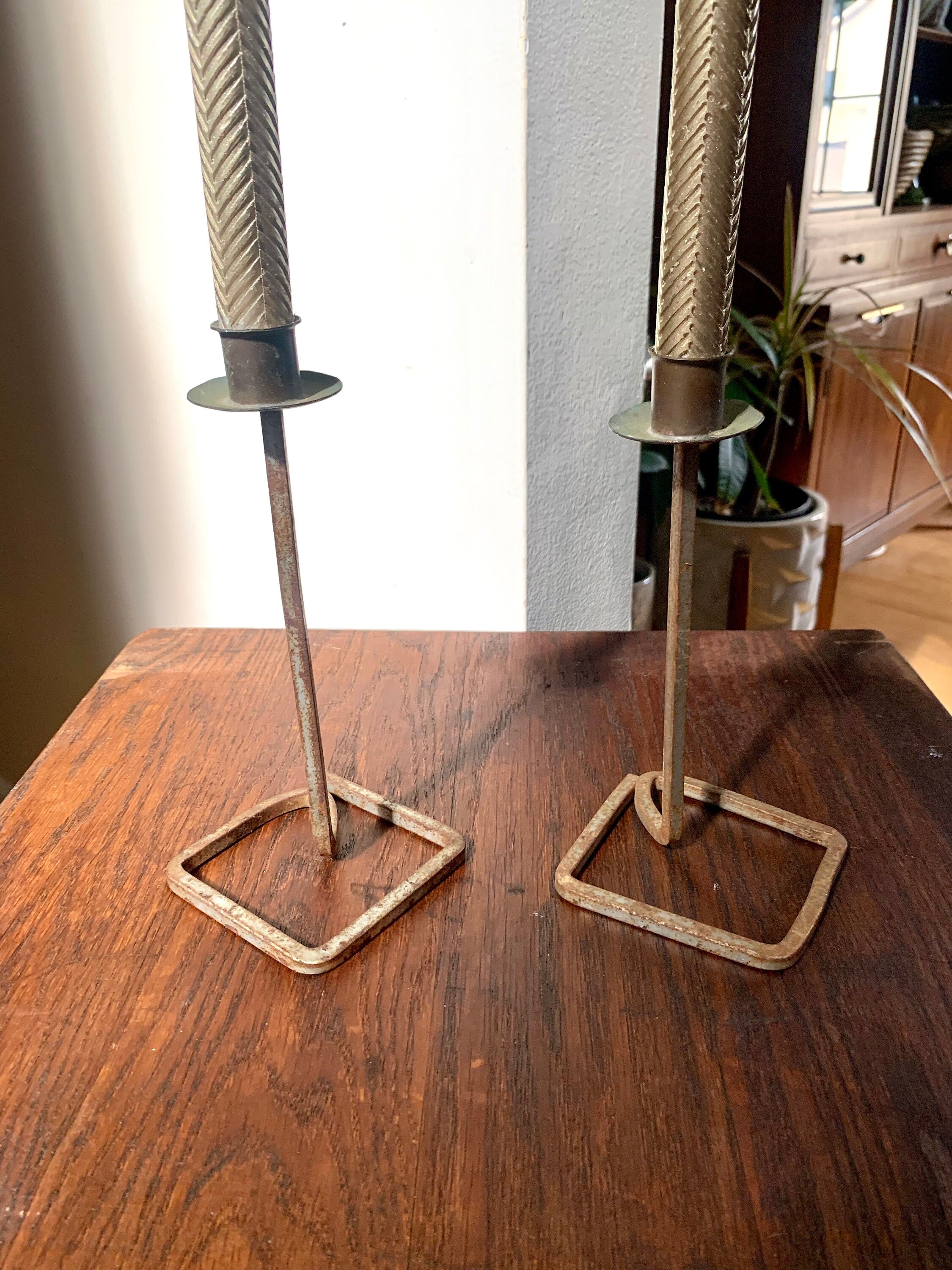 Pair of Rustic Candlestick Holders | Brutalist Candle Holders | Vintage  Distressed Metal Wrought Iron Candle Holders| Bent Iron Candlesticks