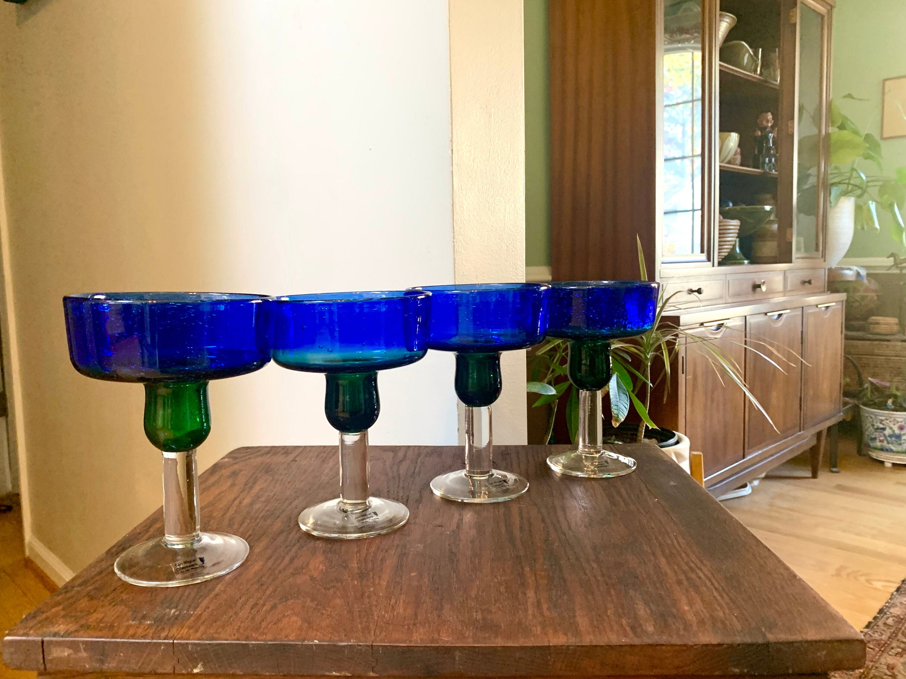 Set of 4 San Miguel Margarita Glasses | Vintage Handblown Blue and Green Glass Dessert Glasses | Colbalt Jay Weberling Margarita Glasses