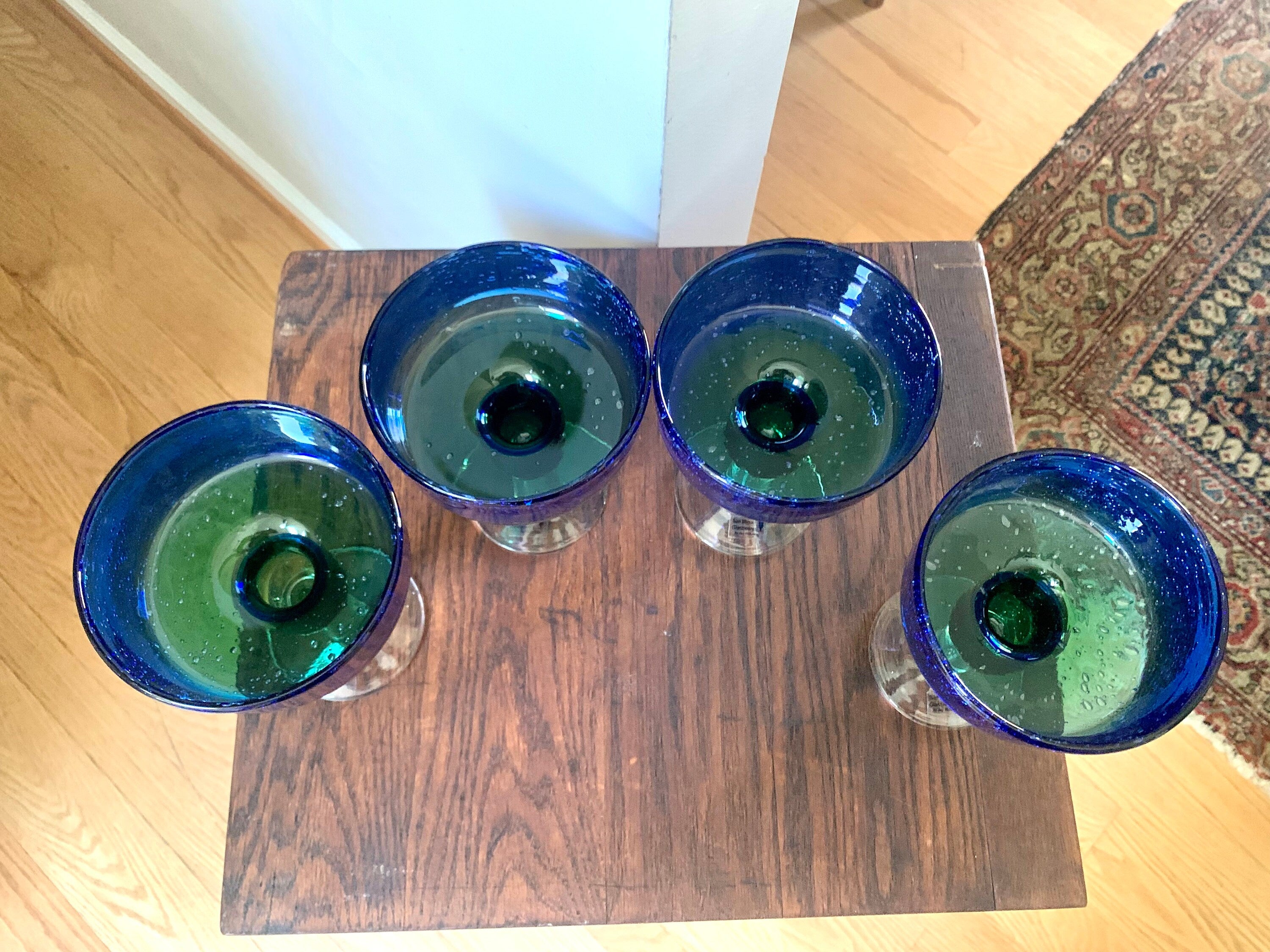 Set of 4 San Miguel Margarita Glasses | Vintage Handblown Blue and Green Glass Dessert Glasses | Colbalt Jay Weberling Margarita Glasses