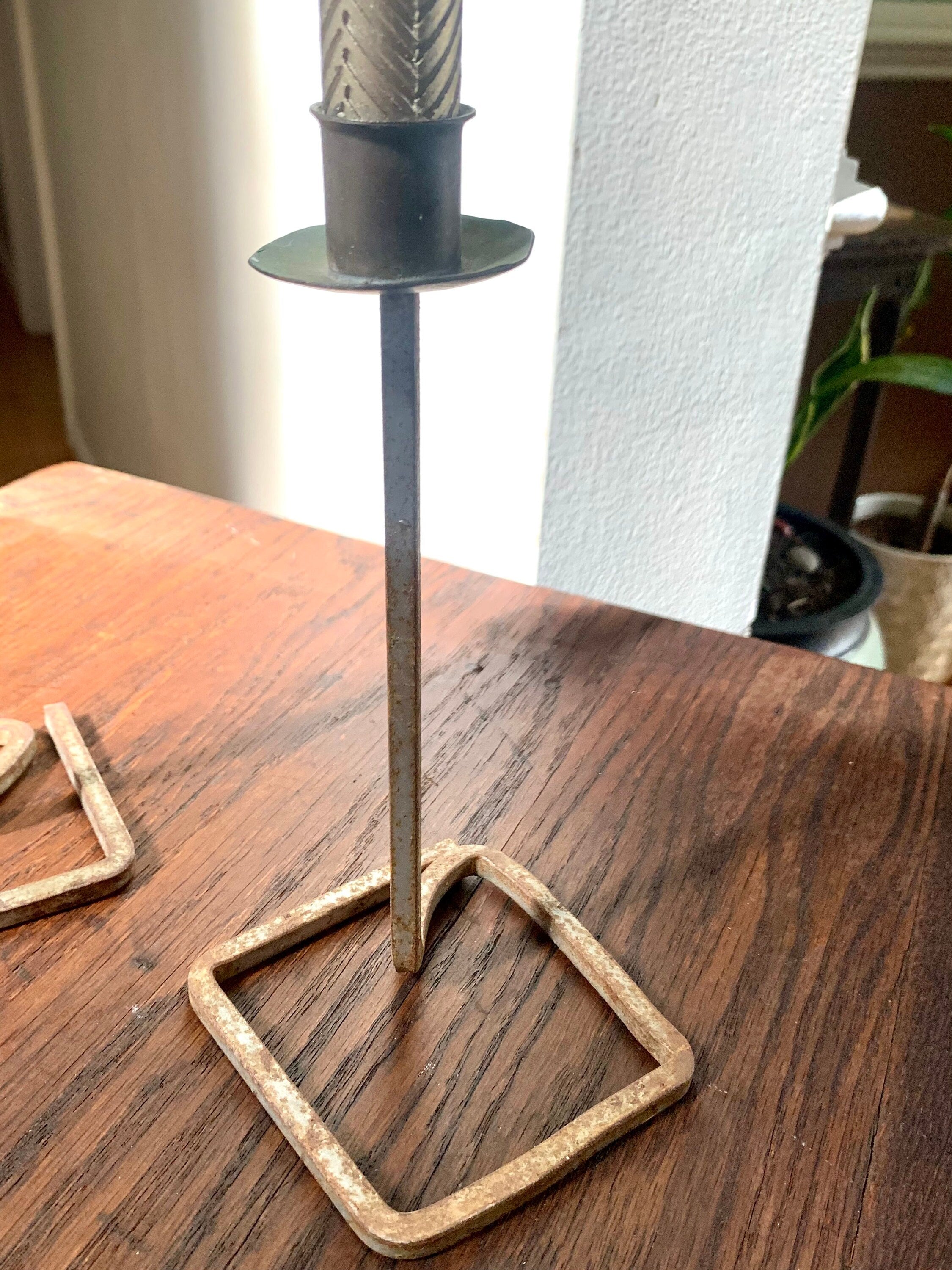 Pair of Rustic Candlestick Holders | Brutalist Candle Holders | Vintage  Distressed Metal Wrought Iron Candle Holders| Bent Iron Candlesticks