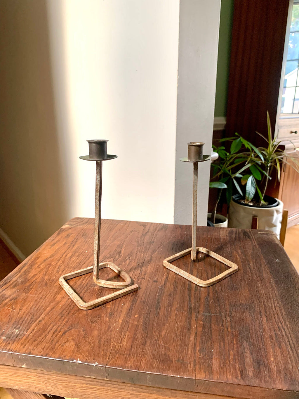 Pair of Rustic Candlestick Holders | Brutalist Candle Holders | Vintage  Distressed Metal Wrought Iron Candle Holders| Bent Iron Candlesticks