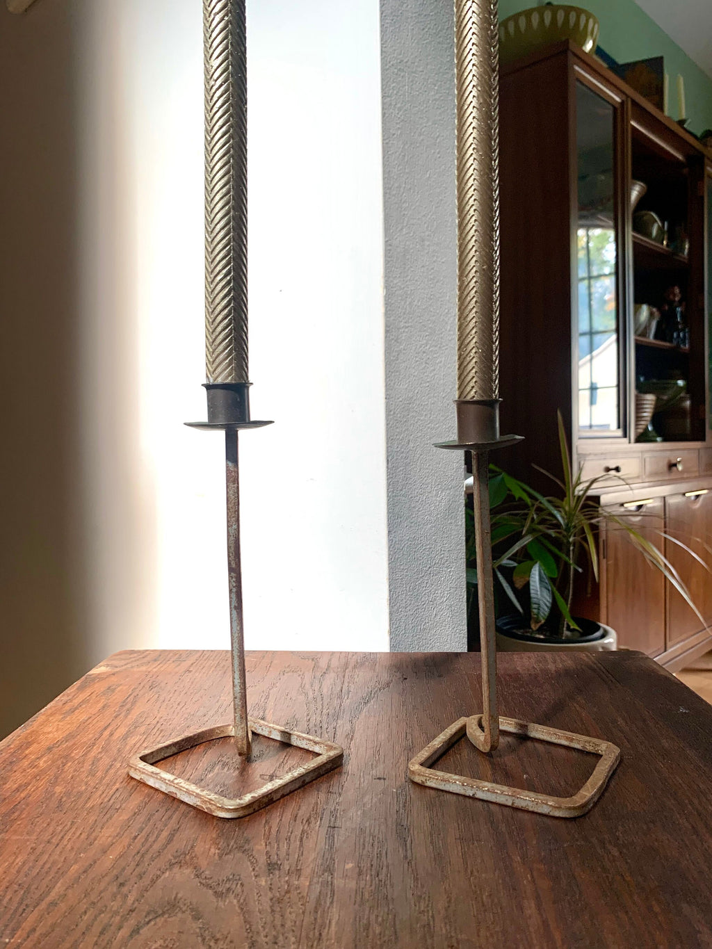Pair of Rustic Candlestick Holders | Brutalist Candle Holders | Vintage  Distressed Metal Wrought Iron Candle Holders| Bent Iron Candlesticks