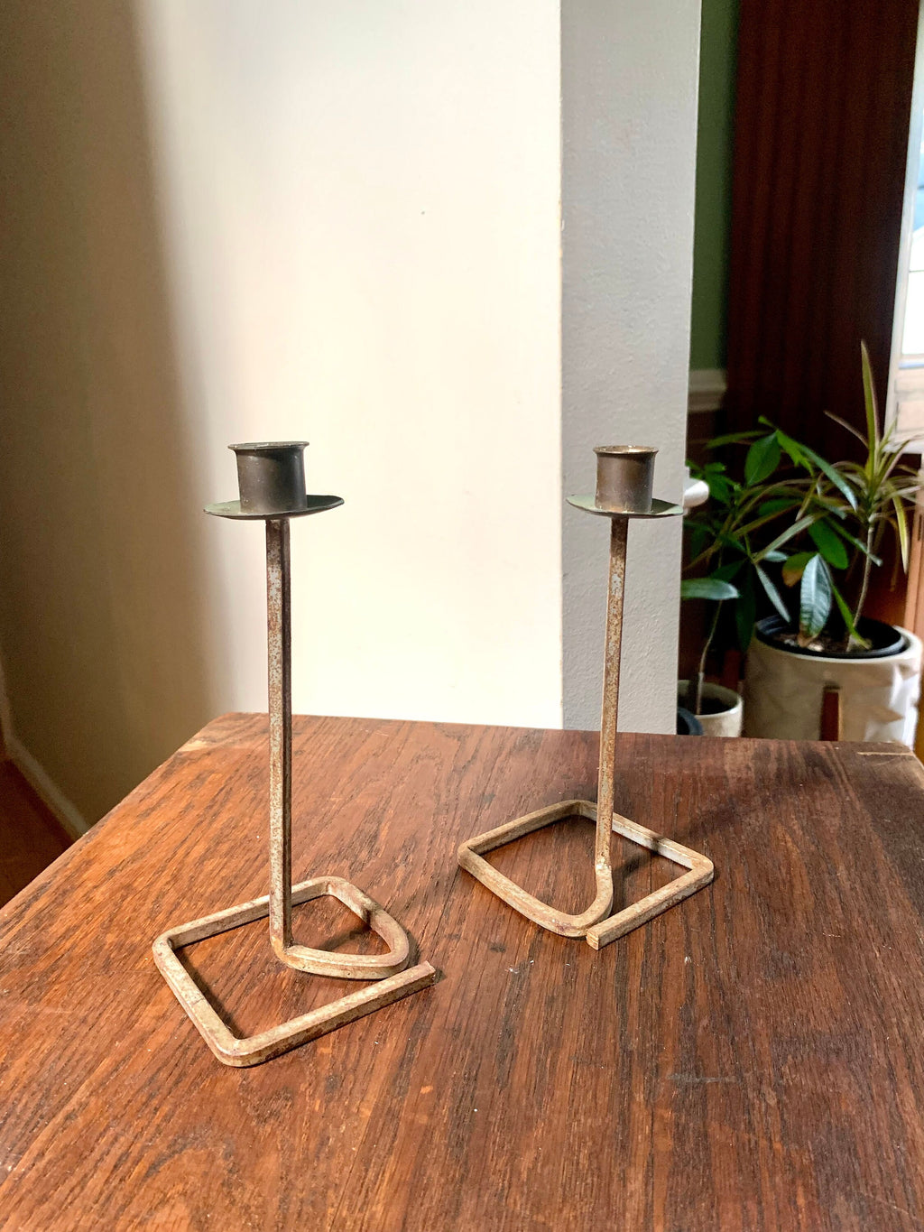 Pair of Rustic Candlestick Holders | Brutalist Candle Holders | Vintage  Distressed Metal Wrought Iron Candle Holders| Bent Iron Candlesticks