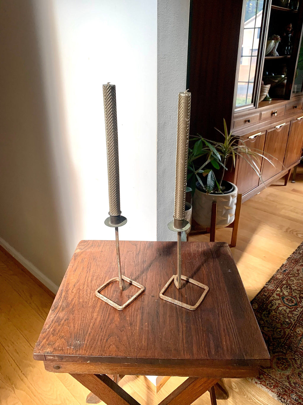 Pair of Rustic Candlestick Holders | Brutalist Candle Holders | Vintage  Distressed Metal Wrought Iron Candle Holders| Bent Iron Candlesticks