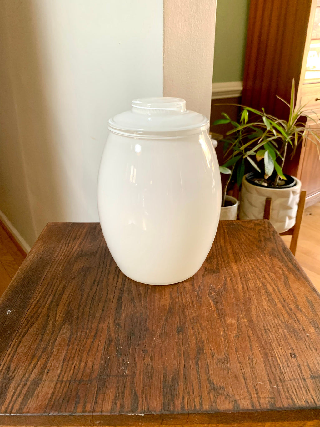 Vtg Bartlett Collins White Glass Hand Painted Cookie Jar | Bartlett Collins Cookie Jar | Hand Painted Fruit and Flowers Glass Jar