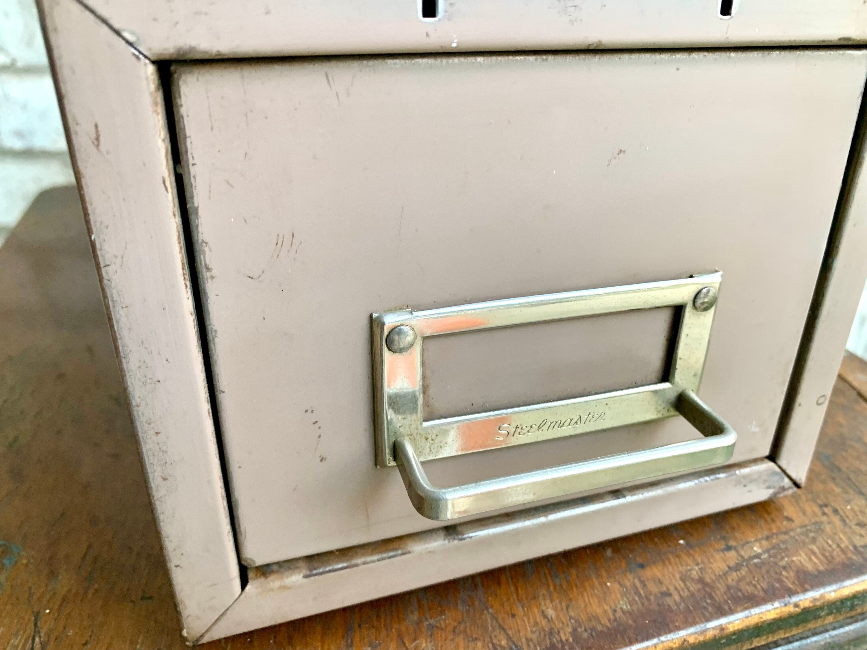 Vtg Rustic Steelmaster Cabinet | Distressed Tan Card Catalog | Single Drawer Storage | Industrial Storage Bin | Library Card Cabinet