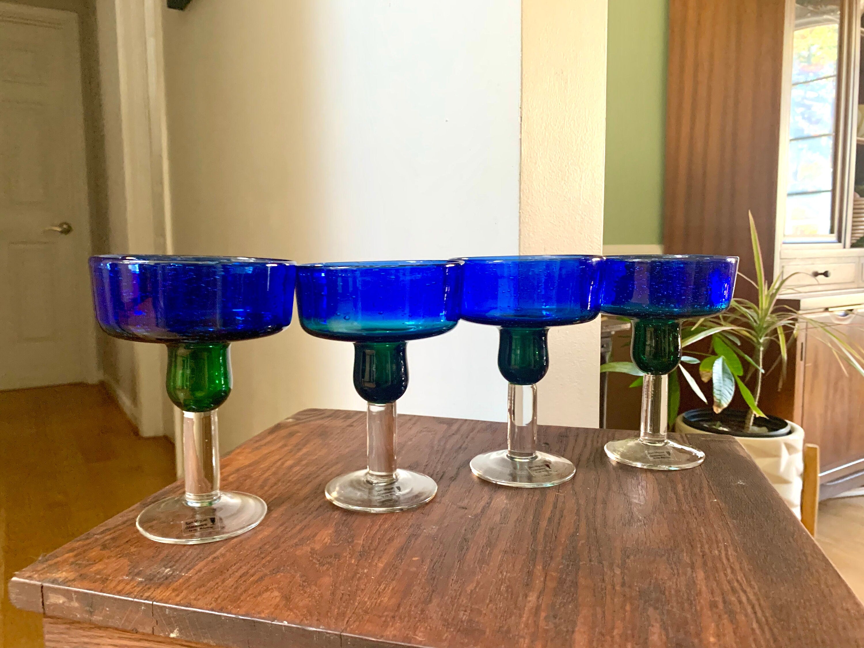 Set of 4 San Miguel Margarita Glasses | Vintage Handblown Blue and Green Glass Dessert Glasses | Colbalt Jay Weberling Margarita Glasses