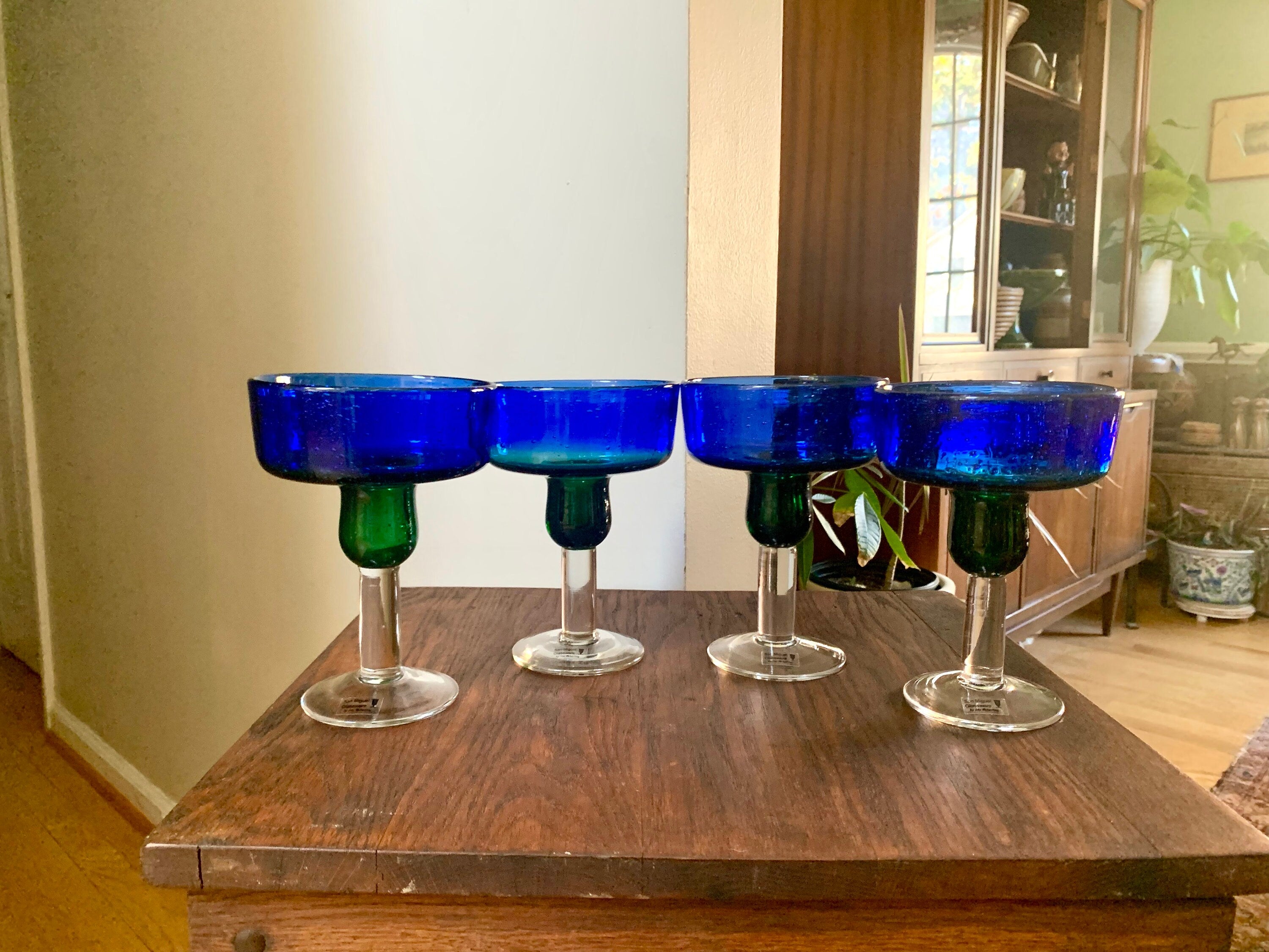 Set of 4 San Miguel Margarita Glasses | Vintage Handblown Blue and Green Glass Dessert Glasses | Colbalt Jay Weberling Margarita Glasses