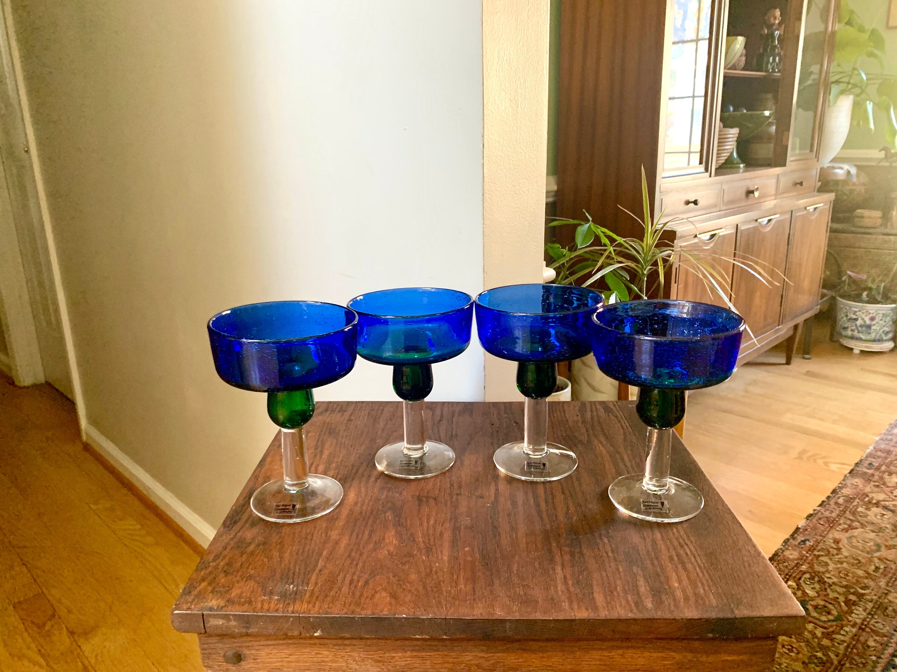 Set of 4 San Miguel Margarita Glasses | Vintage Handblown Blue and Green Glass Dessert Glasses | Colbalt Jay Weberling Margarita Glasses
