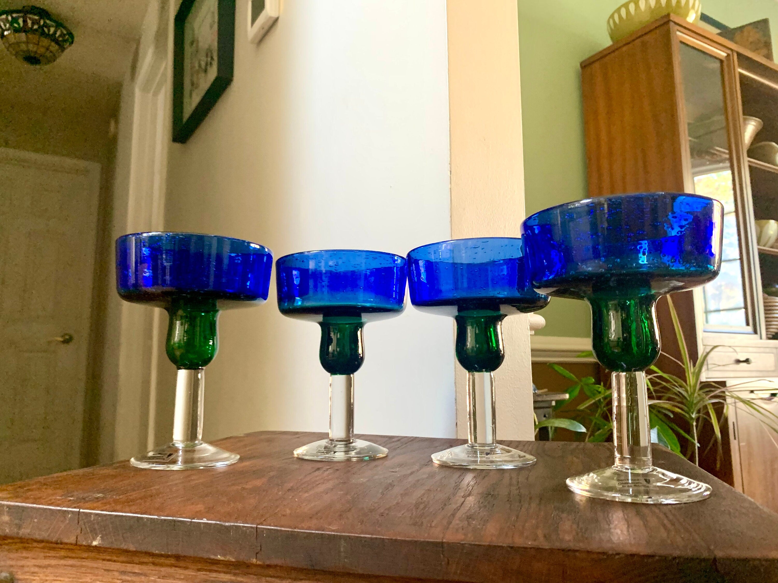 Set of 4 San Miguel Margarita Glasses | Vintage Handblown Blue and Green Glass Dessert Glasses | Colbalt Jay Weberling Margarita Glasses