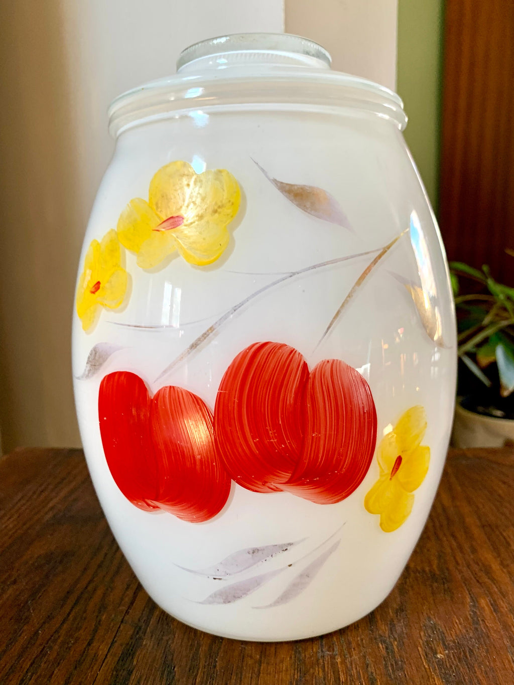 Vtg Bartlett Collins White Glass Hand Painted Cookie Jar | Bartlett Collins Cookie Jar | Hand Painted Fruit and Flowers Glass Jar