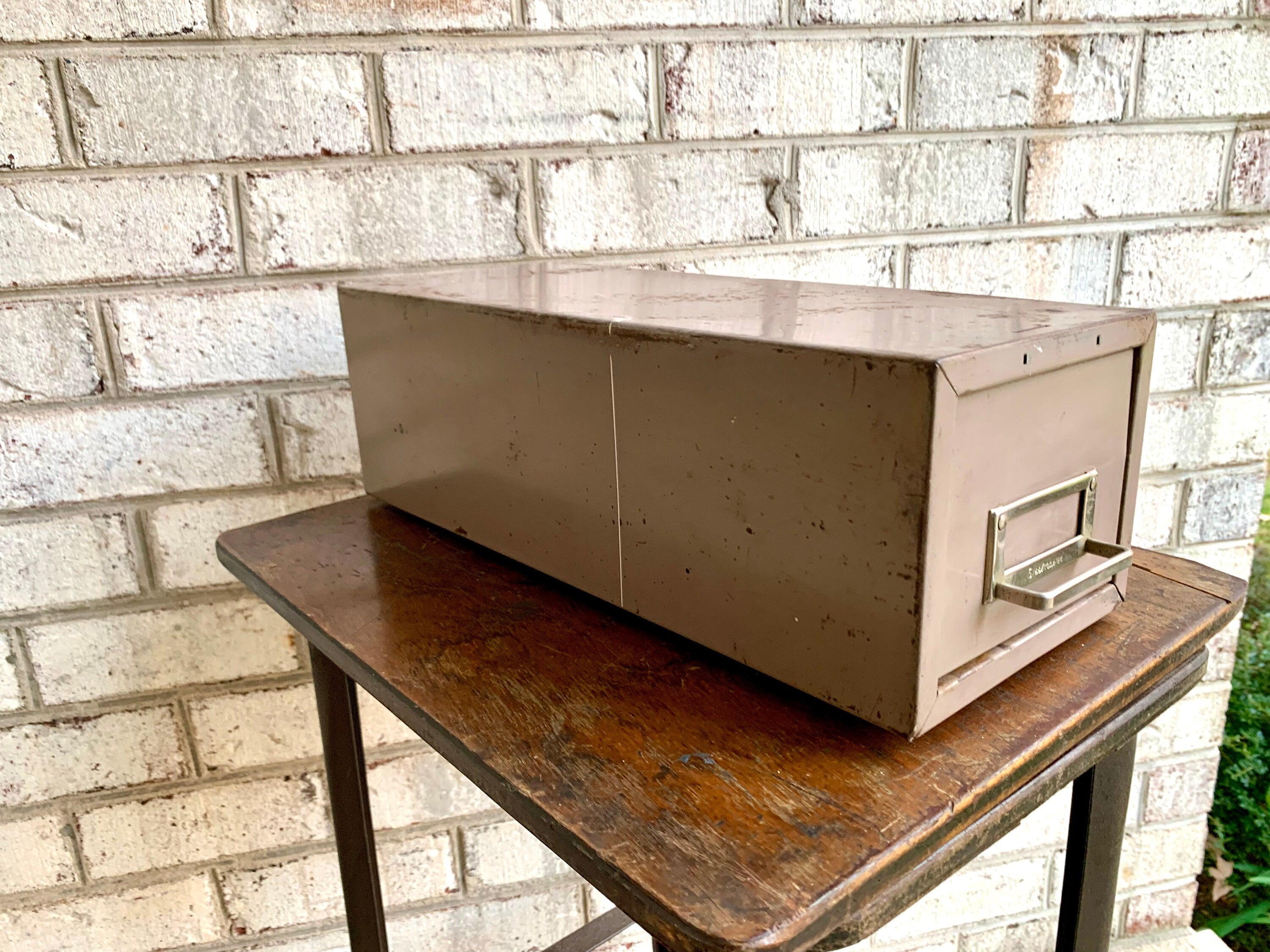 Vtg Rustic Steelmaster Cabinet | Distressed Tan Card Catalog | Single Drawer Storage | Industrial Storage Bin | Library Card Cabinet