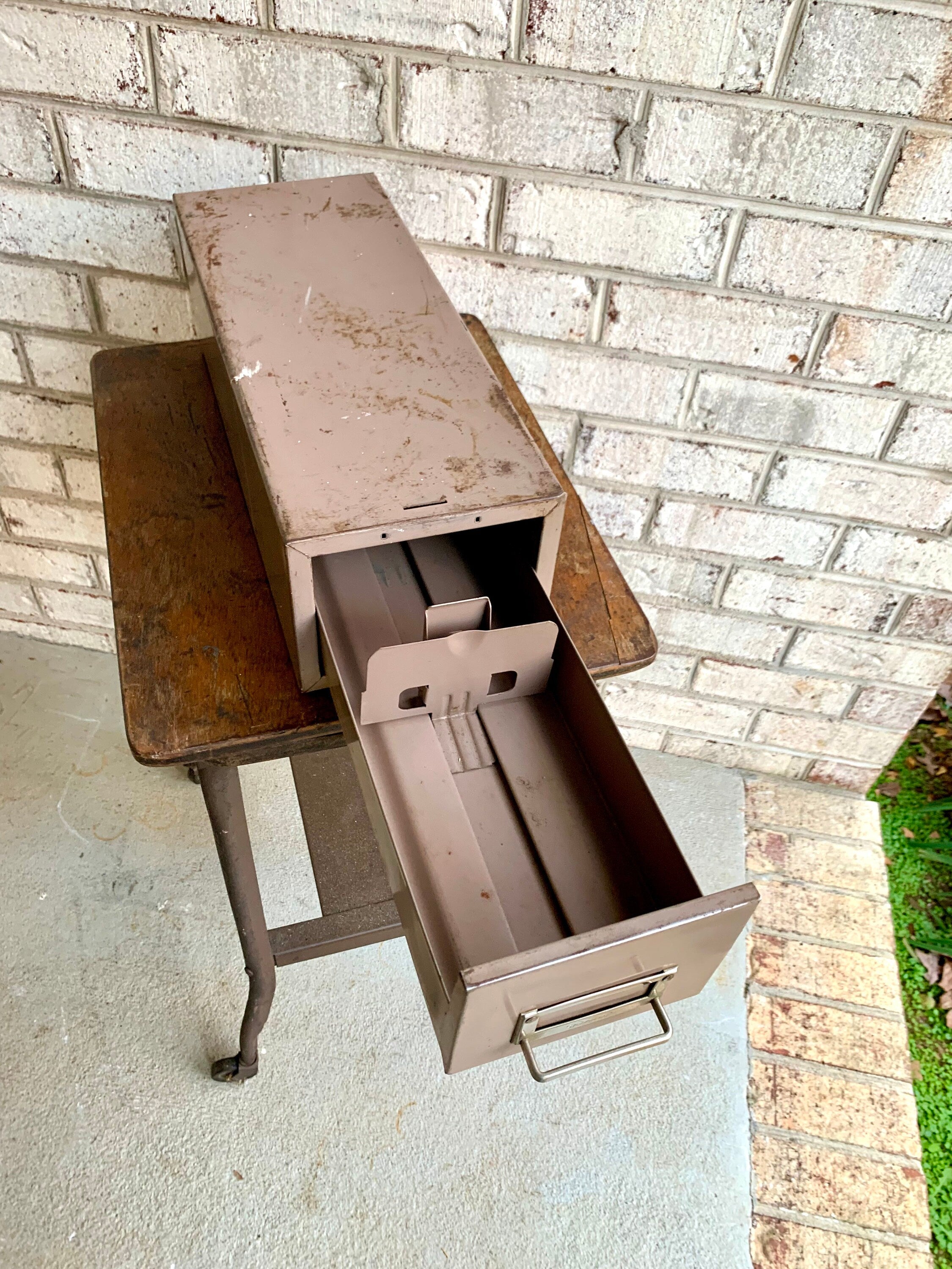 Vtg Rustic Steelmaster Cabinet | Distressed Tan Card Catalog | Single Drawer Storage | Industrial Storage Bin | Library Card Cabinet