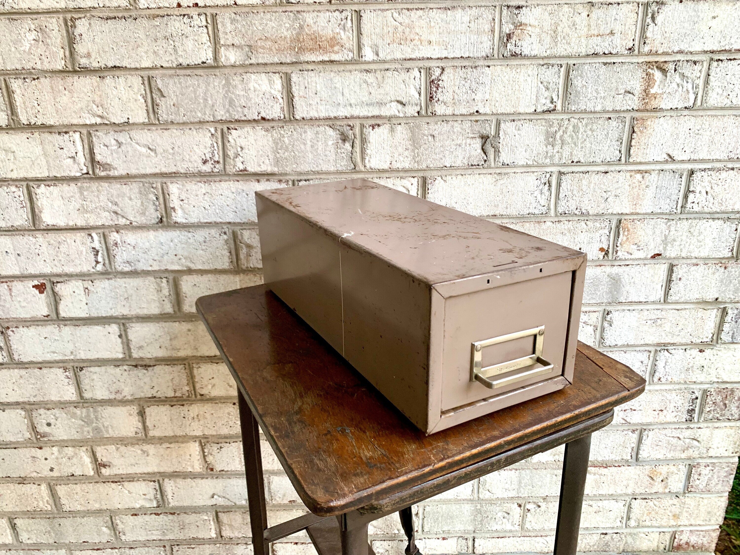 Vtg Rustic Steelmaster Cabinet | Distressed Tan Card Catalog | Single Drawer Storage | Industrial Storage Bin | Library Card Cabinet