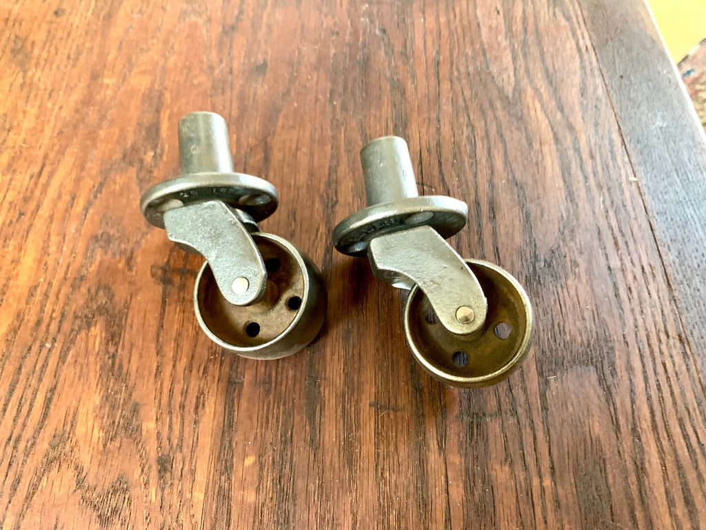Salvaged Pair Of Allen Metal Casters | Metal Swivel Wheel Casters | 1 3/4" Early Metal Casters | Restoration Casters | Salvaged Casters