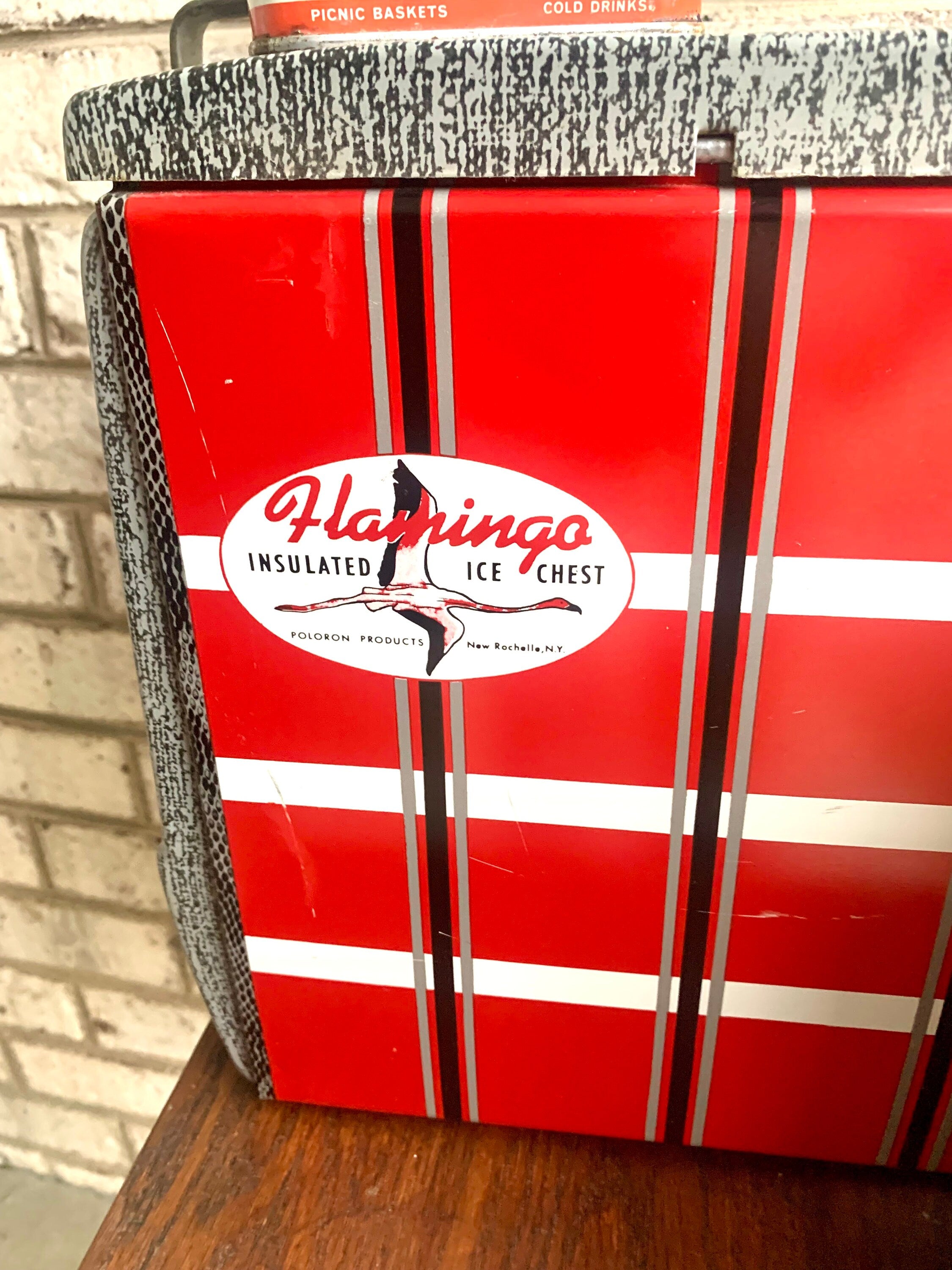 Vtg Flamingo Metal Ice Chest | Red Plaid Metal Ice Chest | Poloron Flamingo Insulated Ice Chest | Vtg Eskimo Kooler Ice Chest