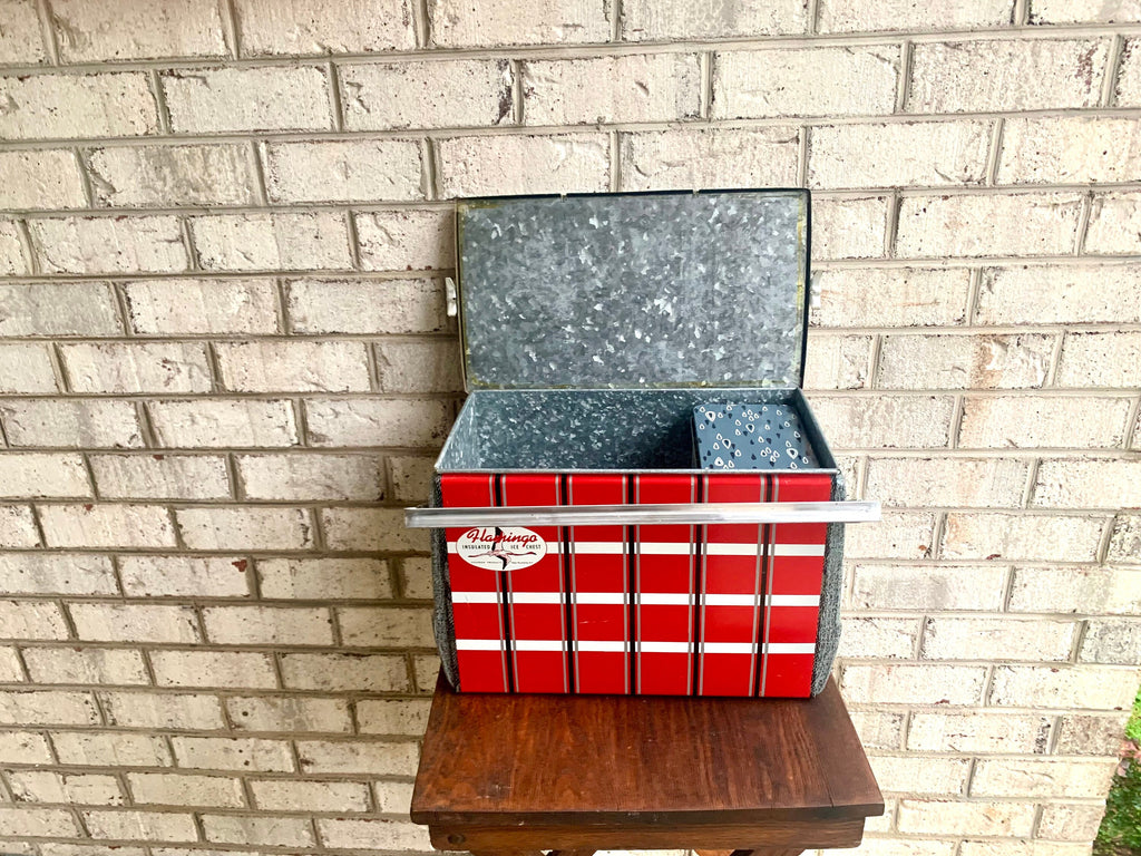 Vtg Flamingo Metal Ice Chest | Red Plaid Metal Ice Chest | Poloron Flamingo Insulated Ice Chest | Vtg Eskimo Kooler Ice Chest