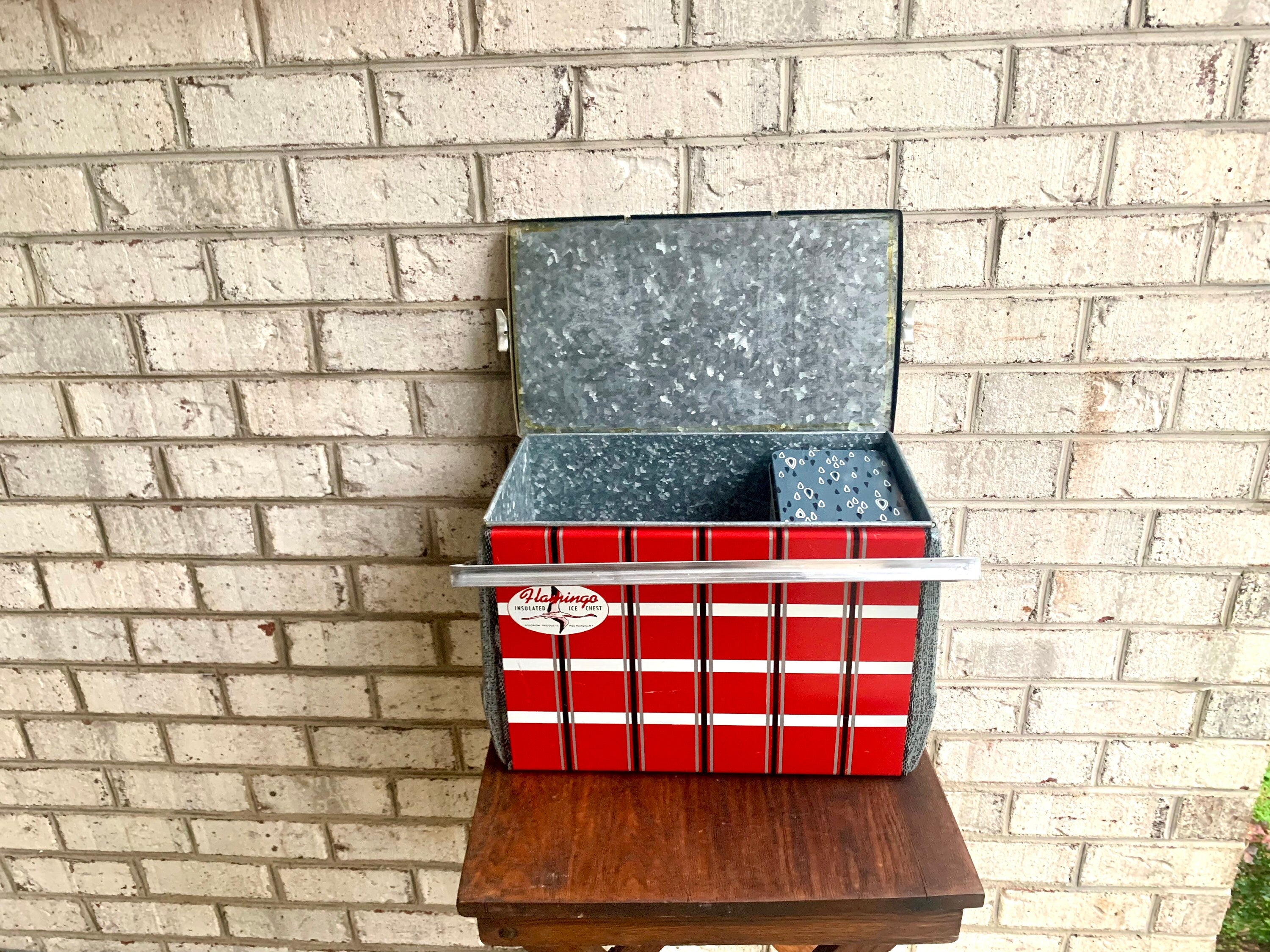 Vtg Flamingo Metal Ice Chest | Red Plaid Metal Ice Chest | Poloron Flamingo Insulated Ice Chest | Vtg Eskimo Kooler Ice Chest