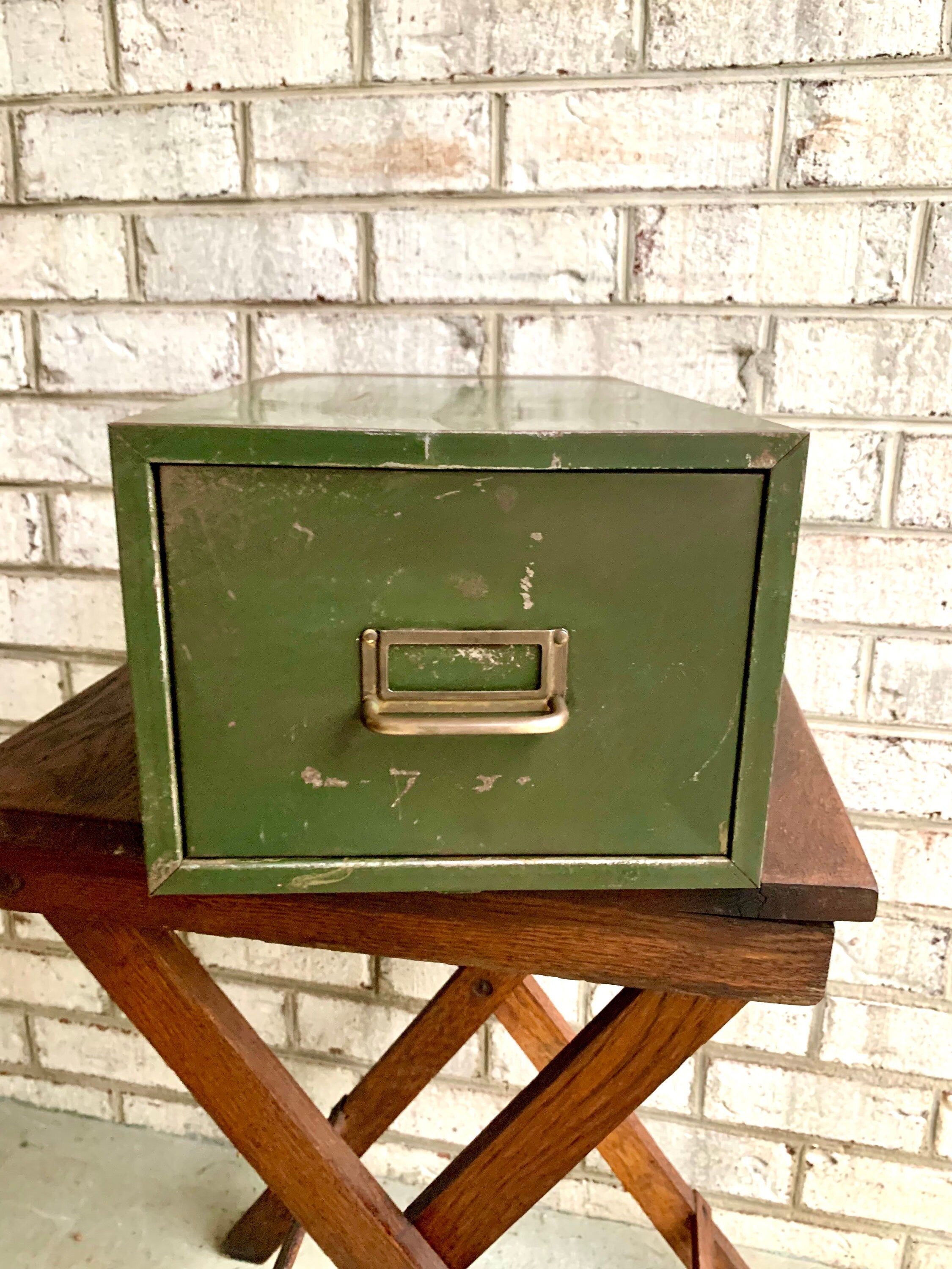 Vtg Metal Card Catalog Cabinet | Rustic Green Metal Drawer | Rustic Metal Cabinet Drawer | Metal Storage Box | Rustic Storage