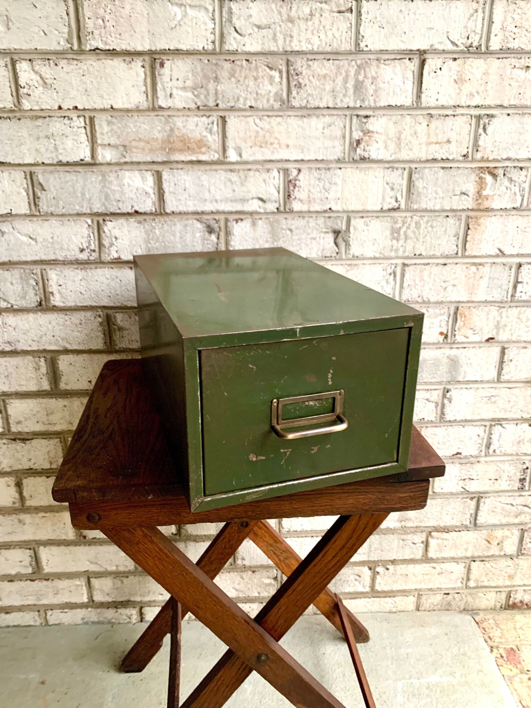 Vtg Metal Card Catalog Cabinet | Rustic Green Metal Drawer | Rustic Metal Cabinet Drawer | Metal Storage Box | Rustic Storage