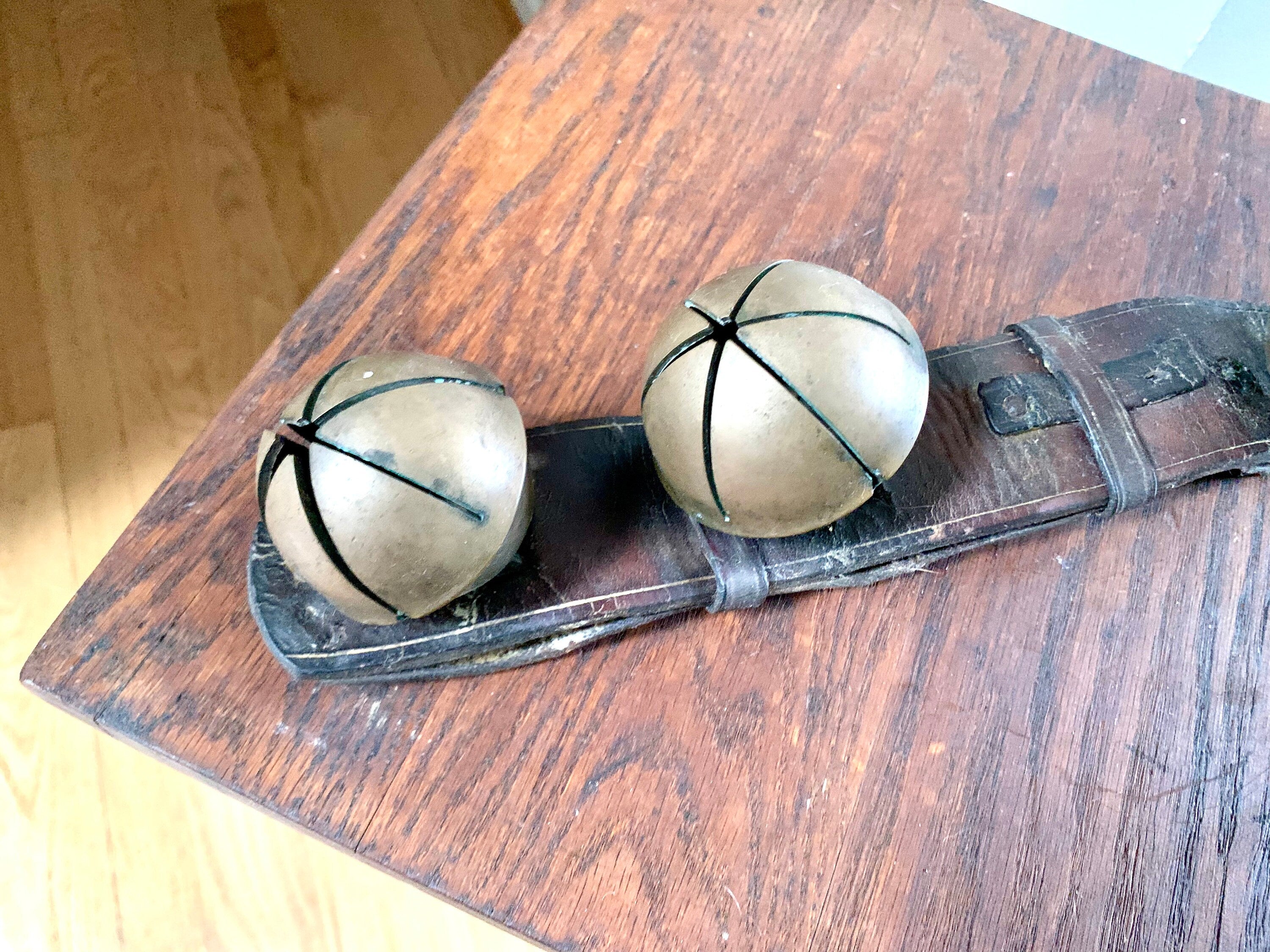 Set of 4 Brass Sleigh Bells | Swedish Style Sleigh Bells | Hip Sleigh Bells On Leather Strap | Antique Sleigh Bells | Distressed Sleigh Bells