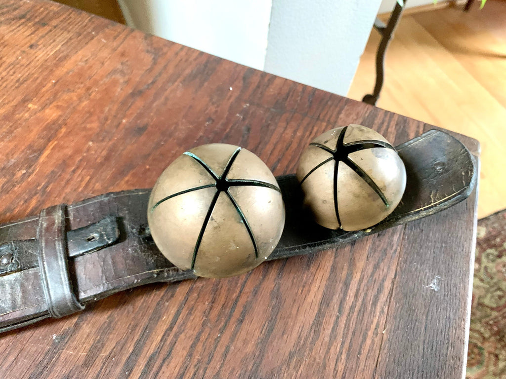 Set of 4 Brass Sleigh Bells | Swedish Style Sleigh Bells | Hip Sleigh Bells On Leather Strap | Antique Sleigh Bells | Distressed Sleigh Bells