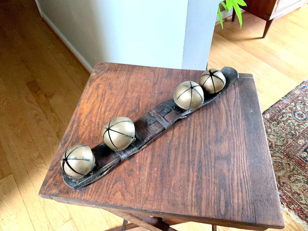 Set of 4 Brass Sleigh Bells | Swedish Style Sleigh Bells | Hip Sleigh Bells On Leather Strap | Antique Sleigh Bells | Distressed Sleigh Bells