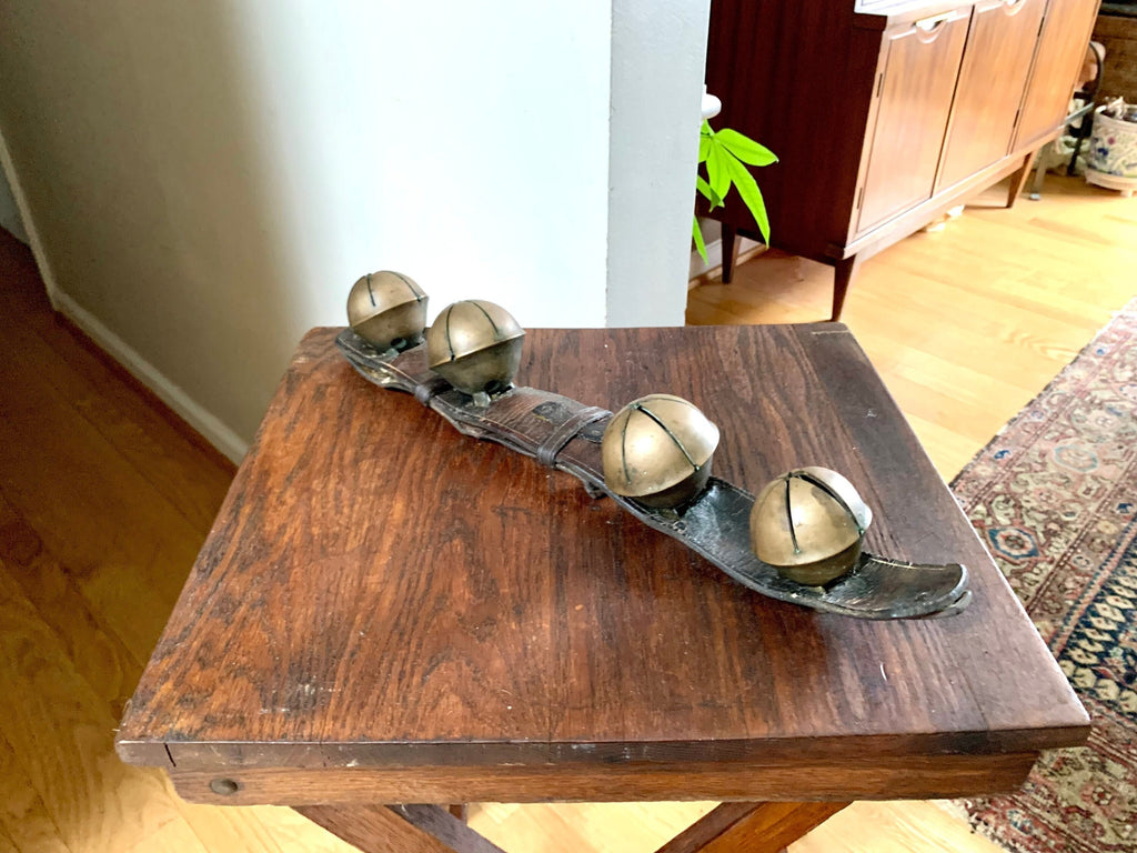 Set of 4 Brass Sleigh Bells | Swedish Style Sleigh Bells | Hip Sleigh Bells On Leather Strap | Antique Sleigh Bells | Distressed Sleigh Bells