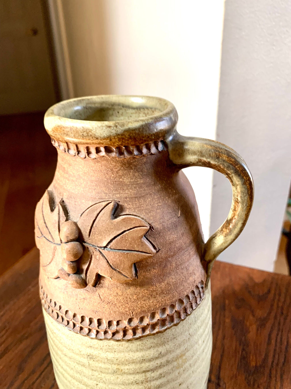 Vtg Middour Stoneware Pottery | Middour Stoneware Decanter | Handmade Ceramic Bottle | Leaf Design Pottery Vase