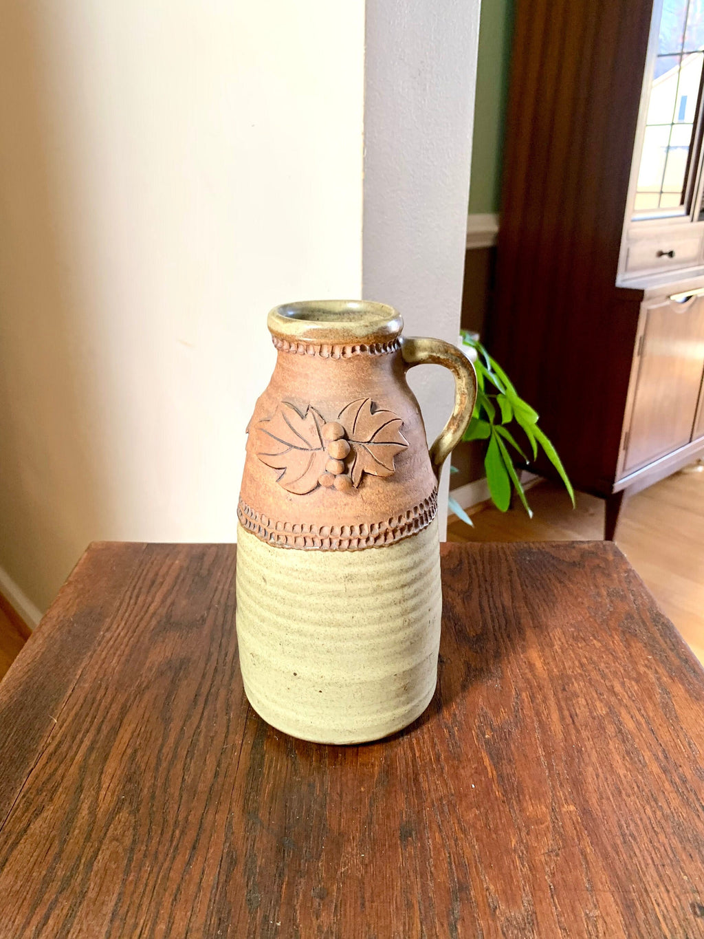 Vtg Middour Stoneware Pottery | Middour Stoneware Decanter | Handmade Ceramic Bottle | Leaf Design Pottery Vase