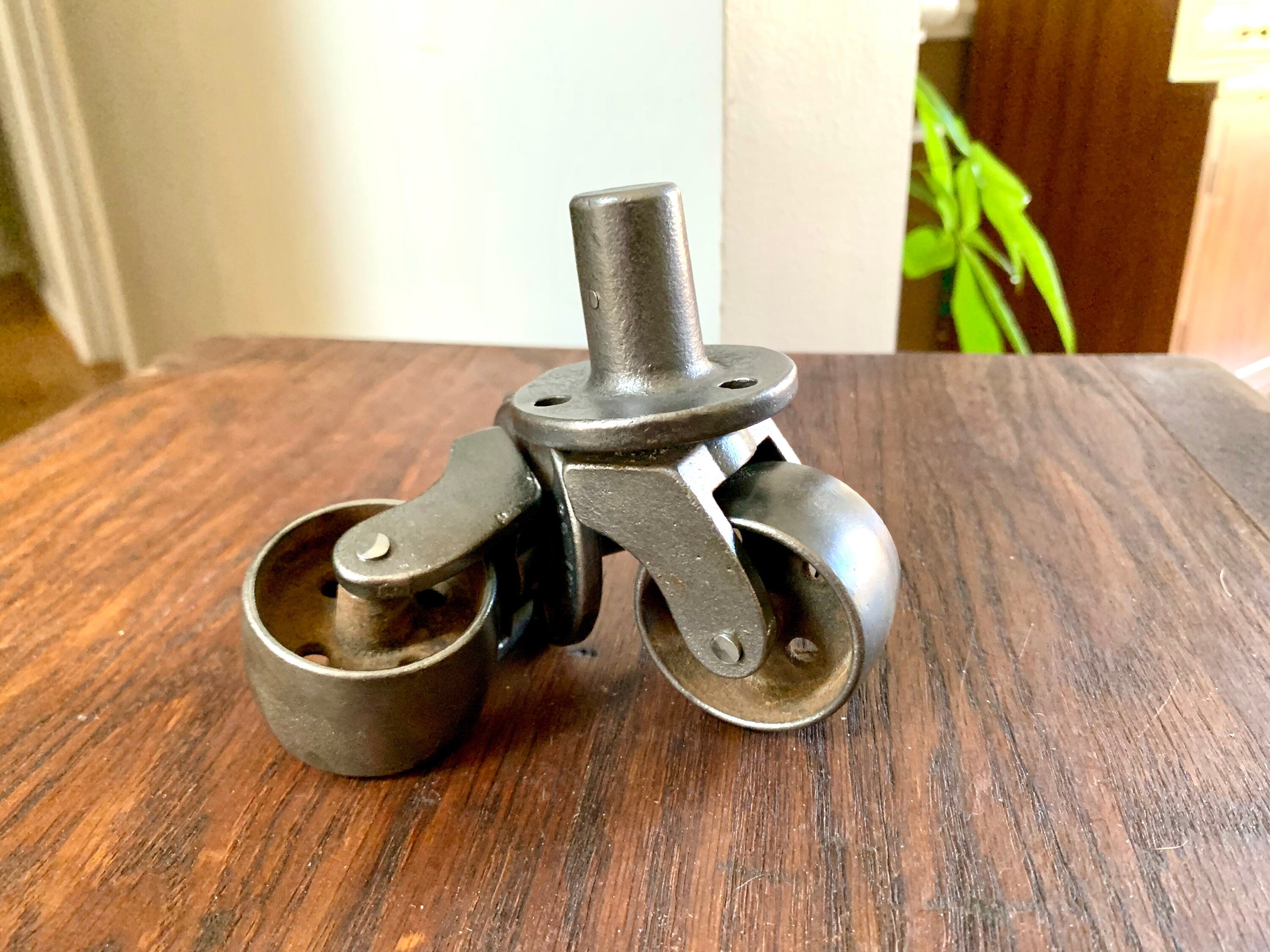 Salvaged Pair Of Allen Metal Casters | Metal Swivel Wheel Casters | 1 3/4" Early Metal Casters | Restoration Casters | Salvaged Casters