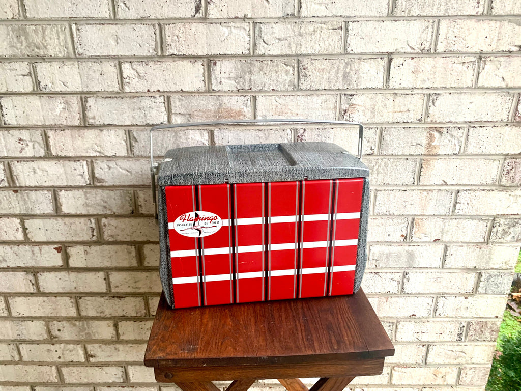 Vtg Flamingo Metal Ice Chest | Red Plaid Metal Ice Chest | Poloron Flamingo Insulated Ice Chest | Vtg Eskimo Kooler Ice Chest