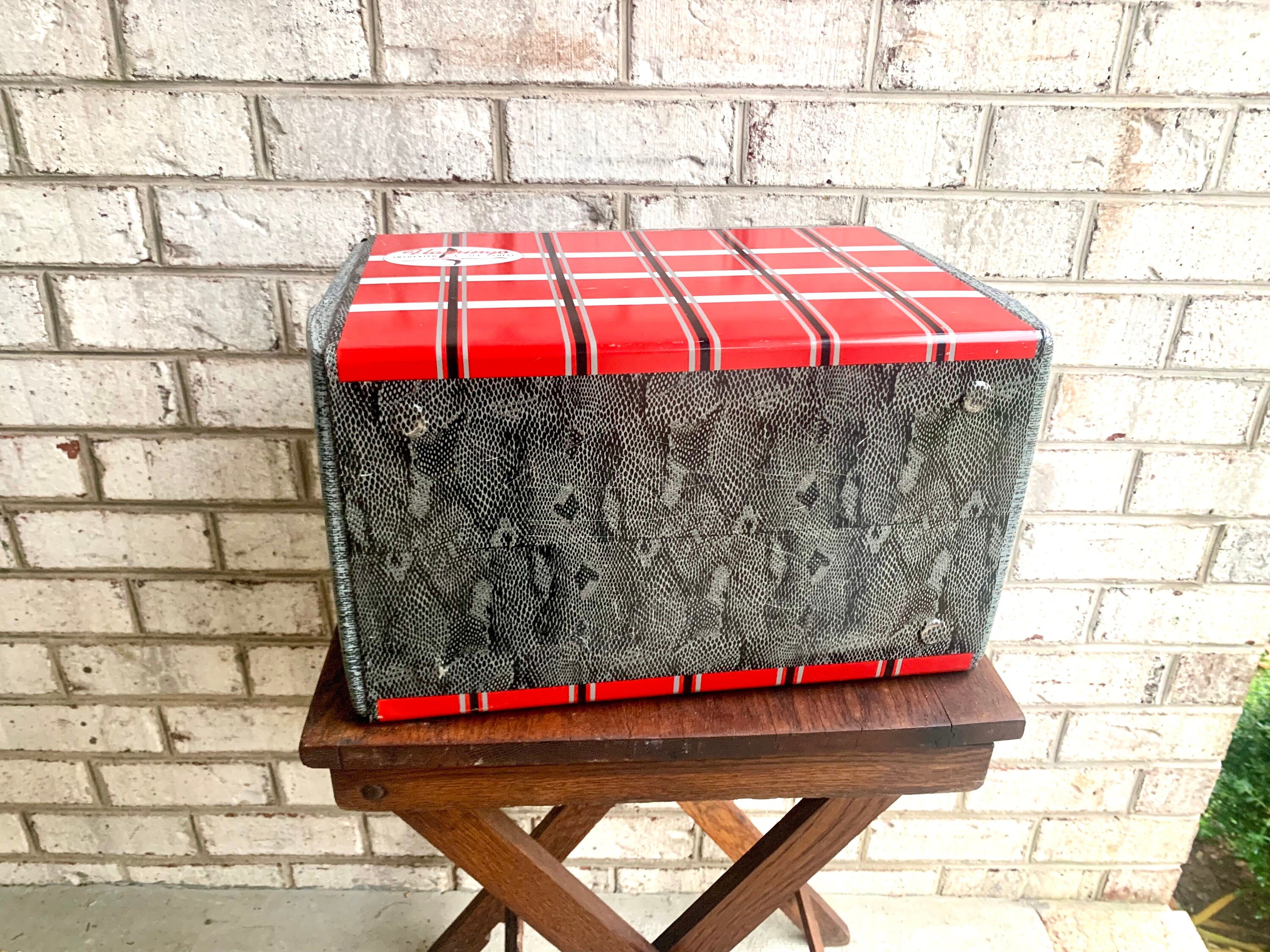 Vtg Flamingo Metal Ice Chest | Red Plaid Metal Ice Chest | Poloron Flamingo Insulated Ice Chest | Vtg Eskimo Kooler Ice Chest