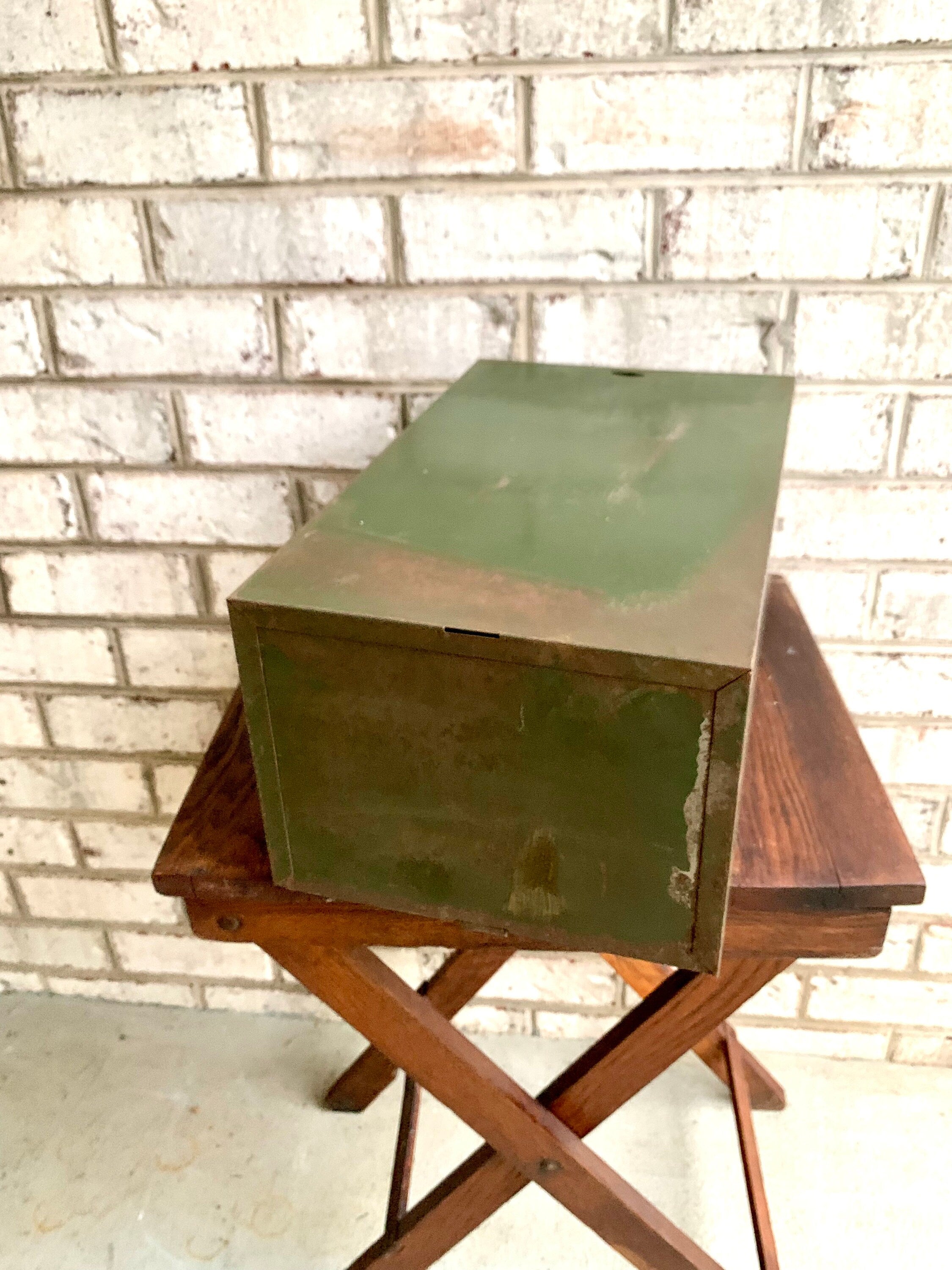 Vtg Metal Card Catalog Cabinet | Rustic Green Metal Drawer | Rustic Metal Cabinet Drawer | Metal Storage Box | Rustic Storage