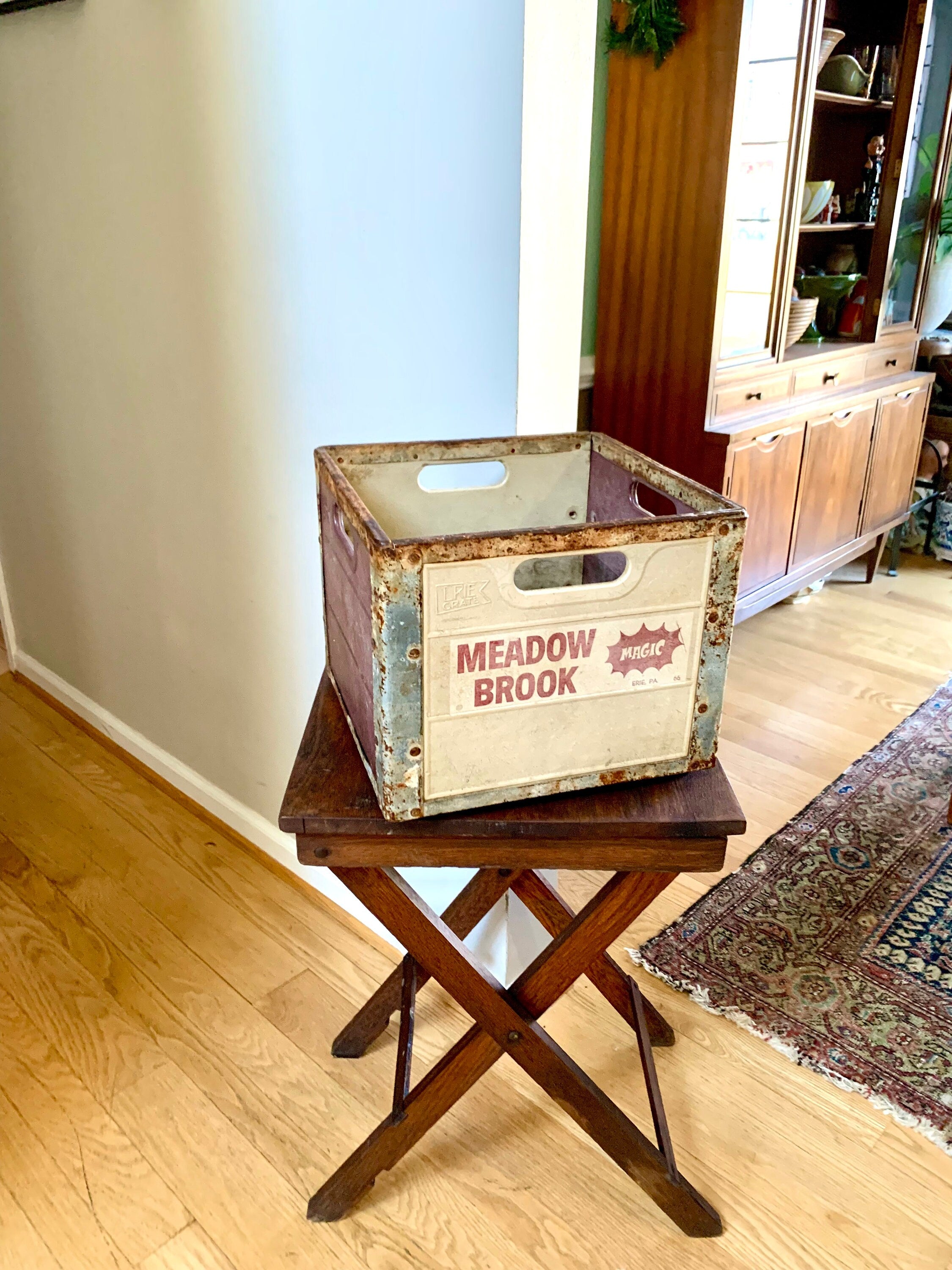 Vtg Meadow Brook Magic Milk Crate | Erie PA Rustic Metal and Fiberglass Milk Crate | Antique Milk Bottle Crate