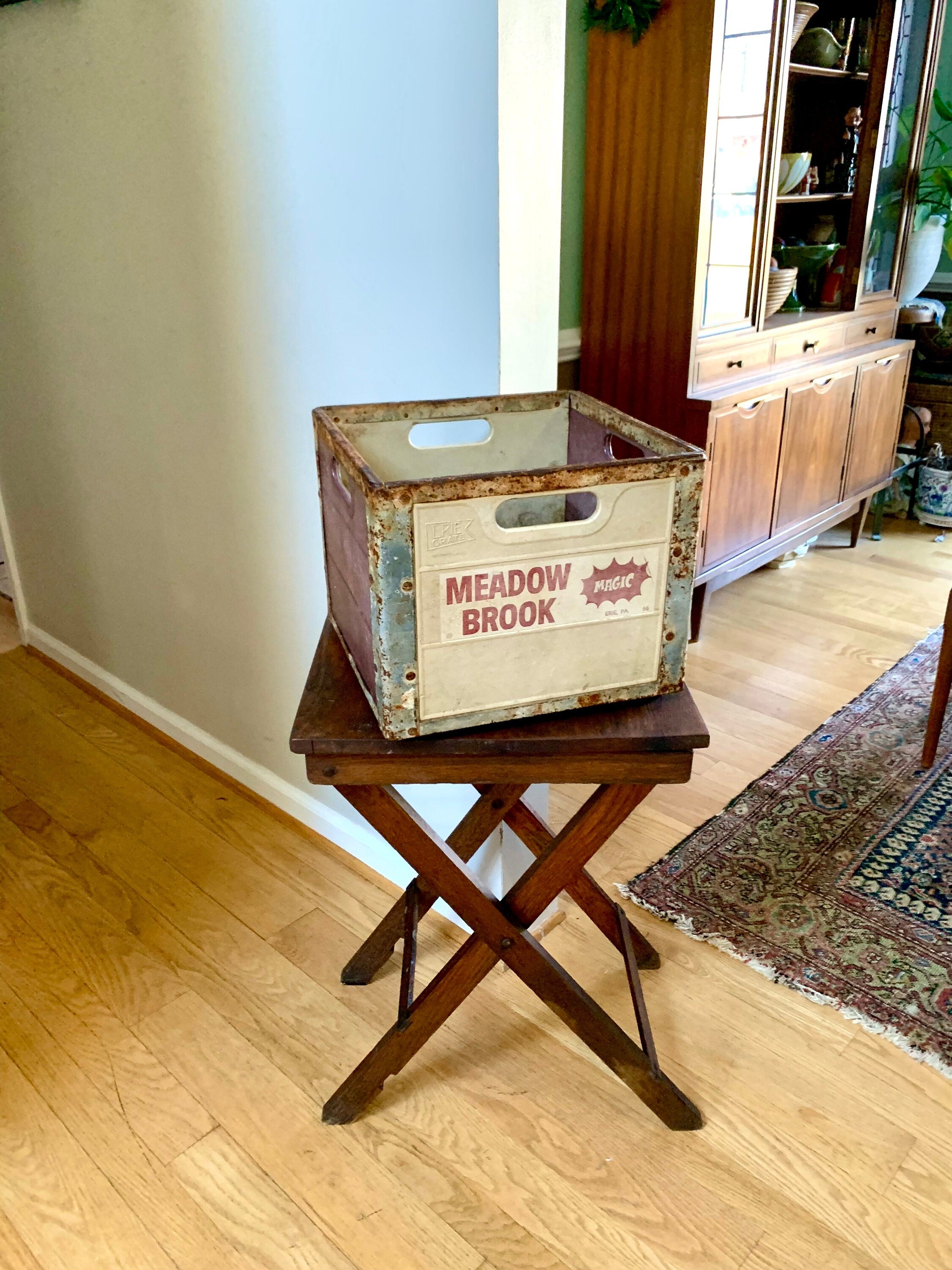 Vtg Meadow Brook Magic Milk Crate | Erie PA Rustic Metal and Fiberglass Milk Crate | Antique Milk Bottle Crate