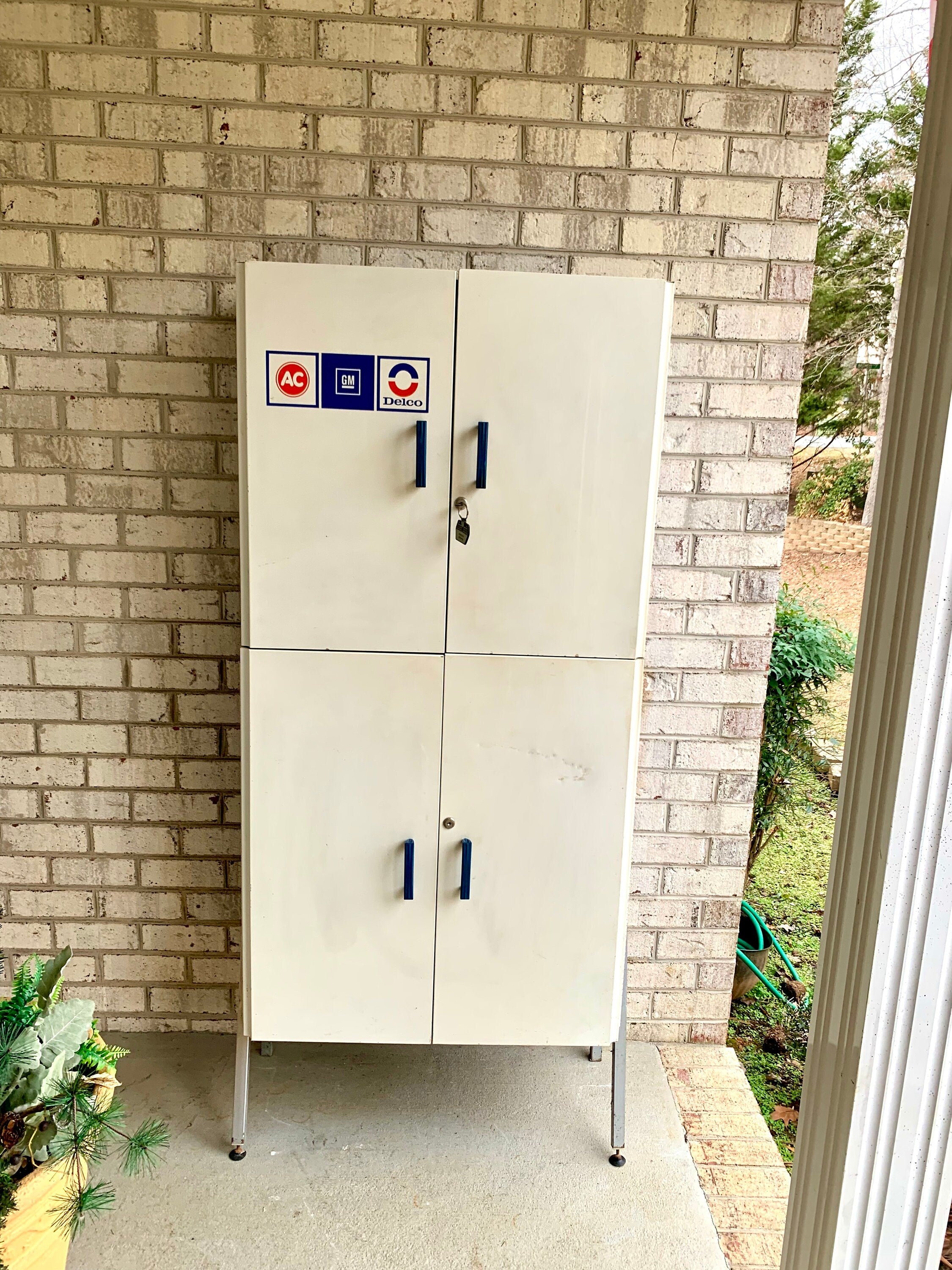 Vtg Metal AC Delco Standing Cabinet| GM Ac Delco Metal Parts Cabinet | GM Automotive Advertisement Bin | Industrial Automotive Cabinet