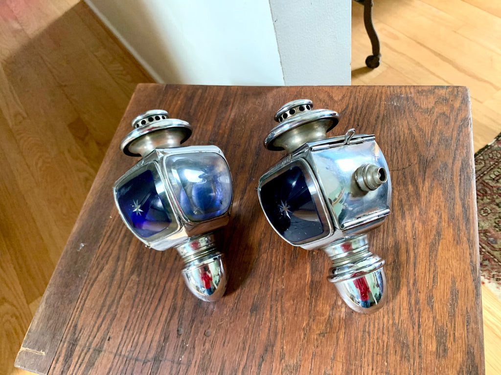 Vintage Pair of Lucidus Carriage Lamps | Antique Lucidus French Side Lamps | Lucidus Oil Side Lamps | Cobalt Blue Oil Side Lamps