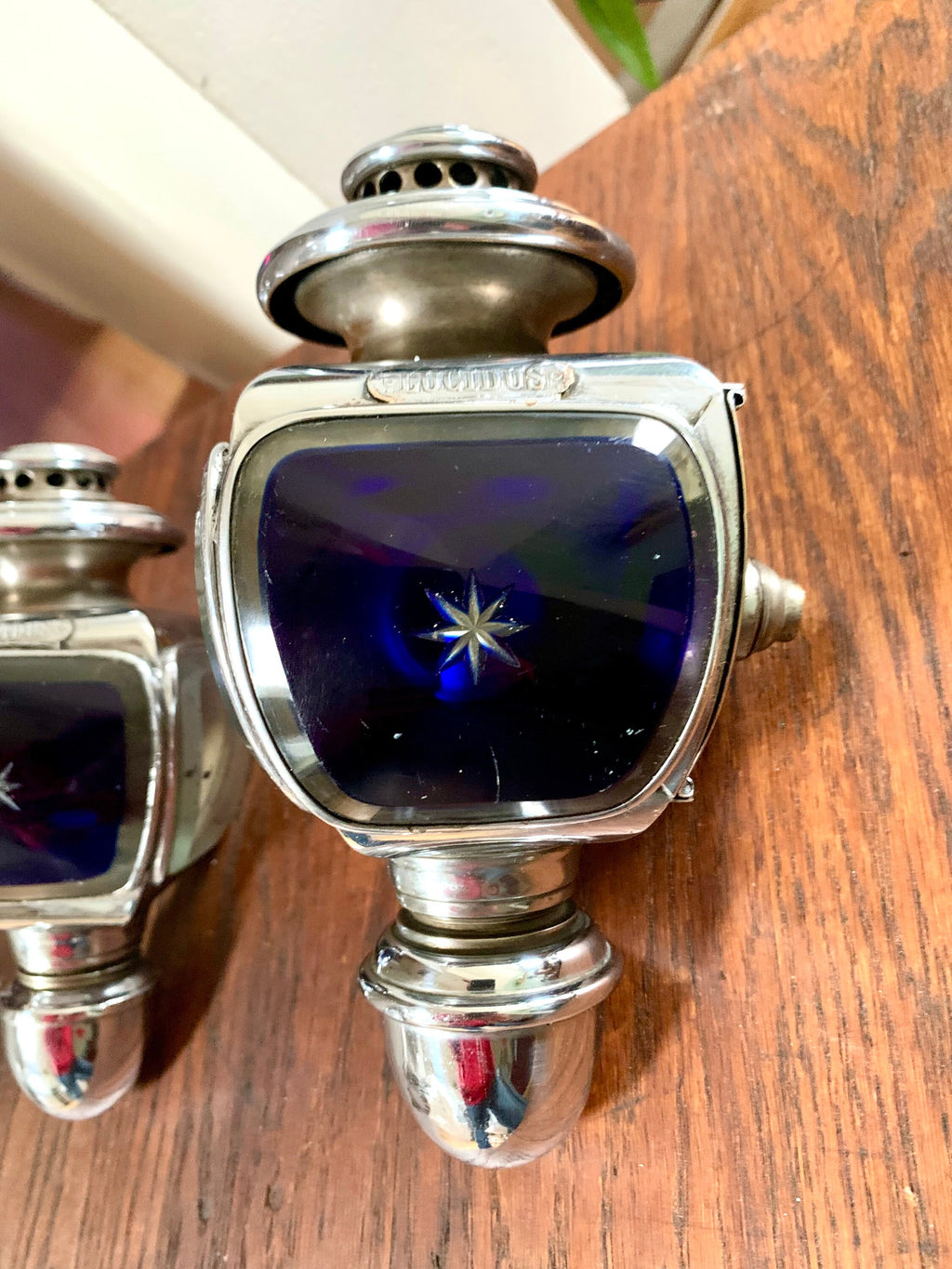 Vintage Pair of Lucidus Carriage Lamps | Antique Lucidus French Side Lamps | Lucidus Oil Side Lamps | Cobalt Blue Oil Side Lamps