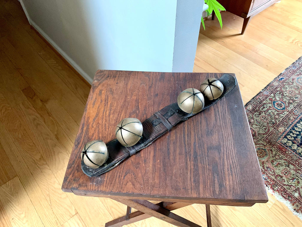 Set of 4 Brass Sleigh Bells | Swedish Style Sleigh Bells | Hip Sleigh Bells On Leather Strap | Antique Sleigh Bells | Distressed Sleigh Bells